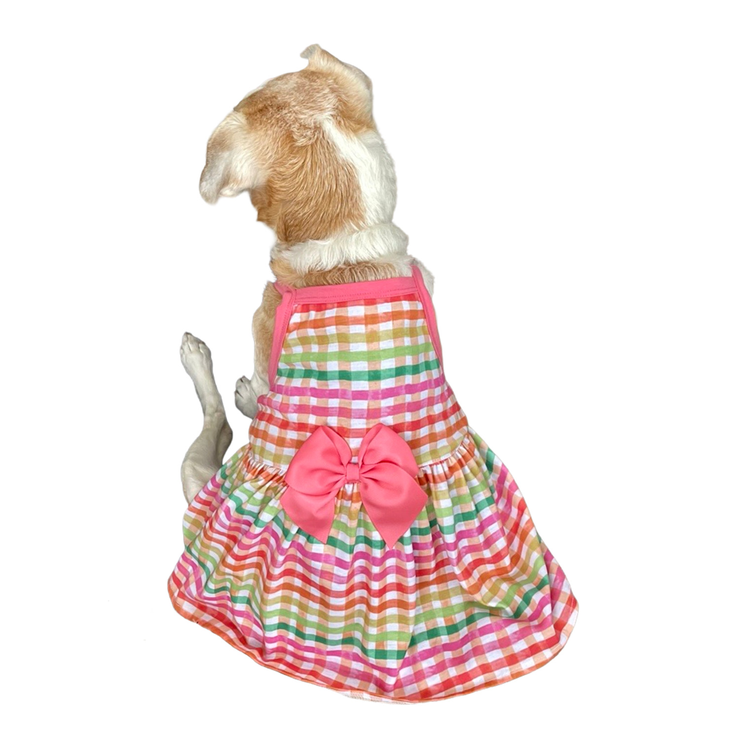 Bailey & Bella Multi-Colored Bright Gingham Dog Dress & Hat Set, Extra Large