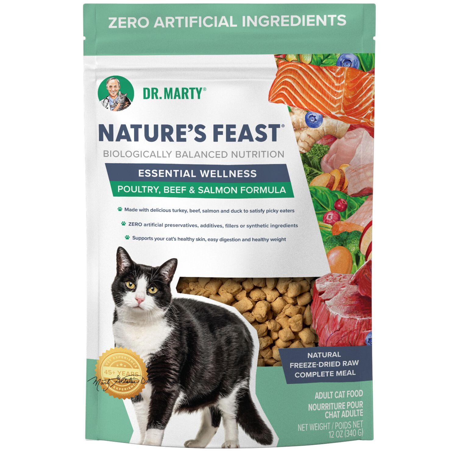 Dr. Marty Nature's Feast Essential Wellness Beef, Salmon And Poultry Freeze Dried Raw Adult Cat Food, 12-Oz