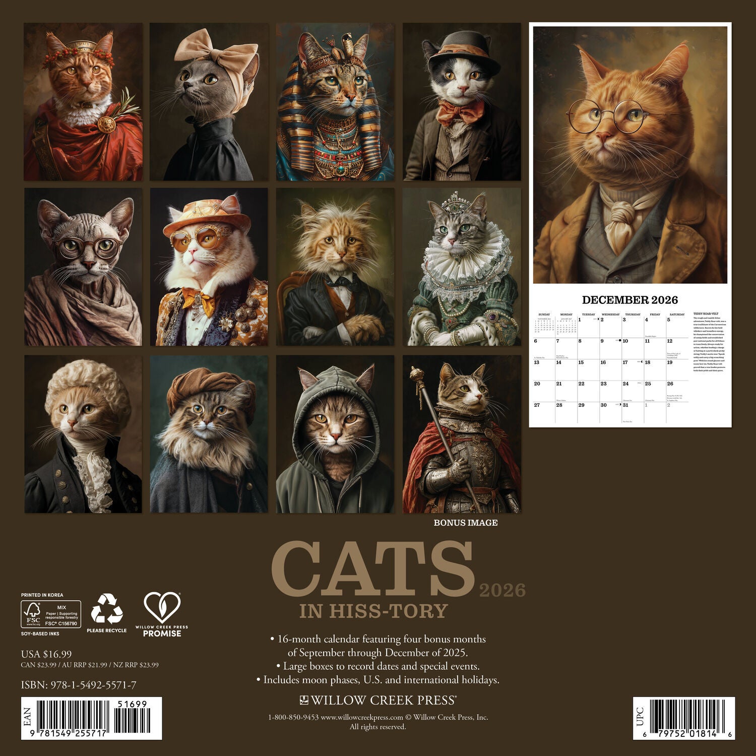 Willow Creek Press 2026 Cats In Hisstory Wall Calendar