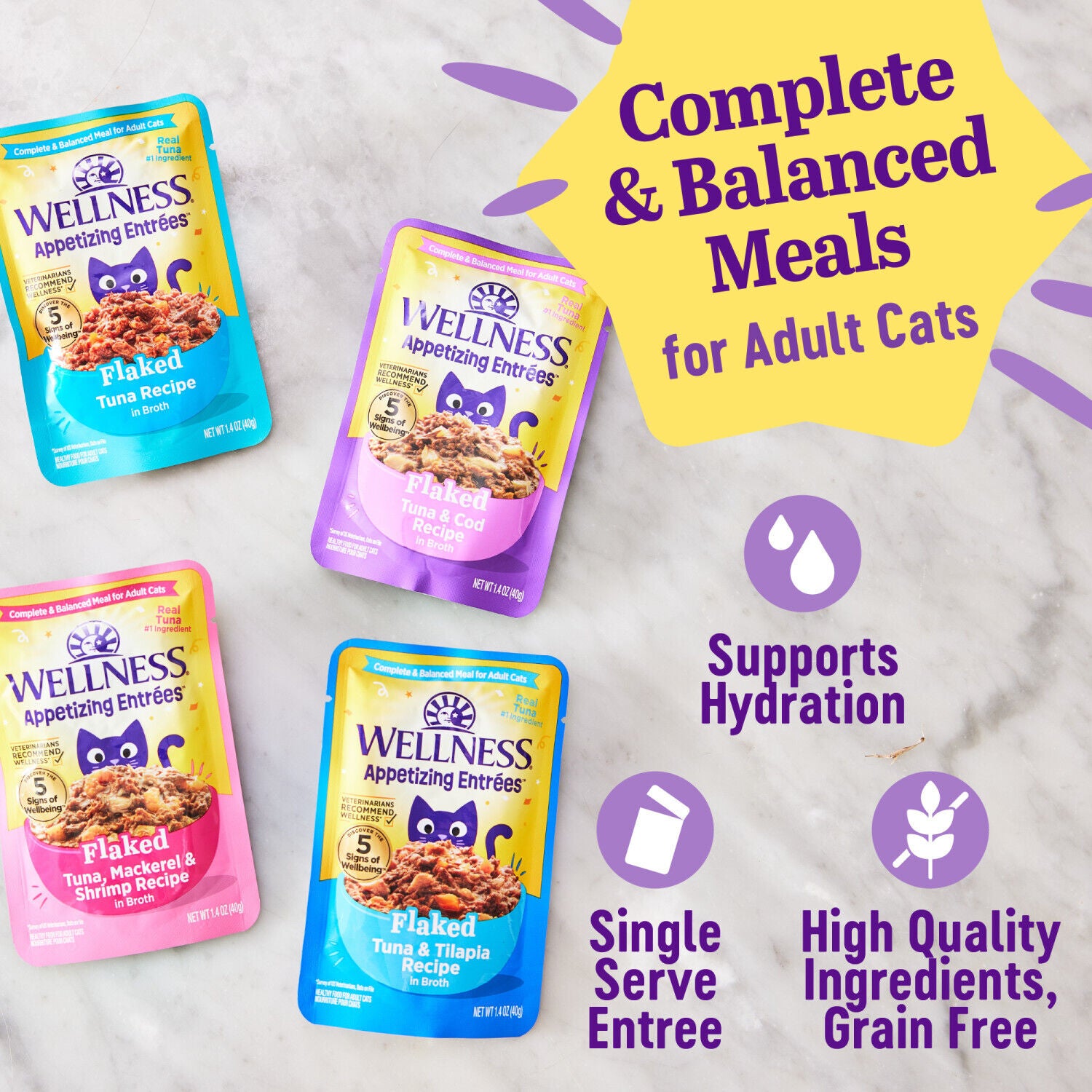 Wellness Appetizing Entr&eacute;es Flaked Adult Wet Cat Food, Natural, Protein-Rich, Grain Free Tuna, Mackerel & Shrimp Recipe, 1.4-Ounce Pouch