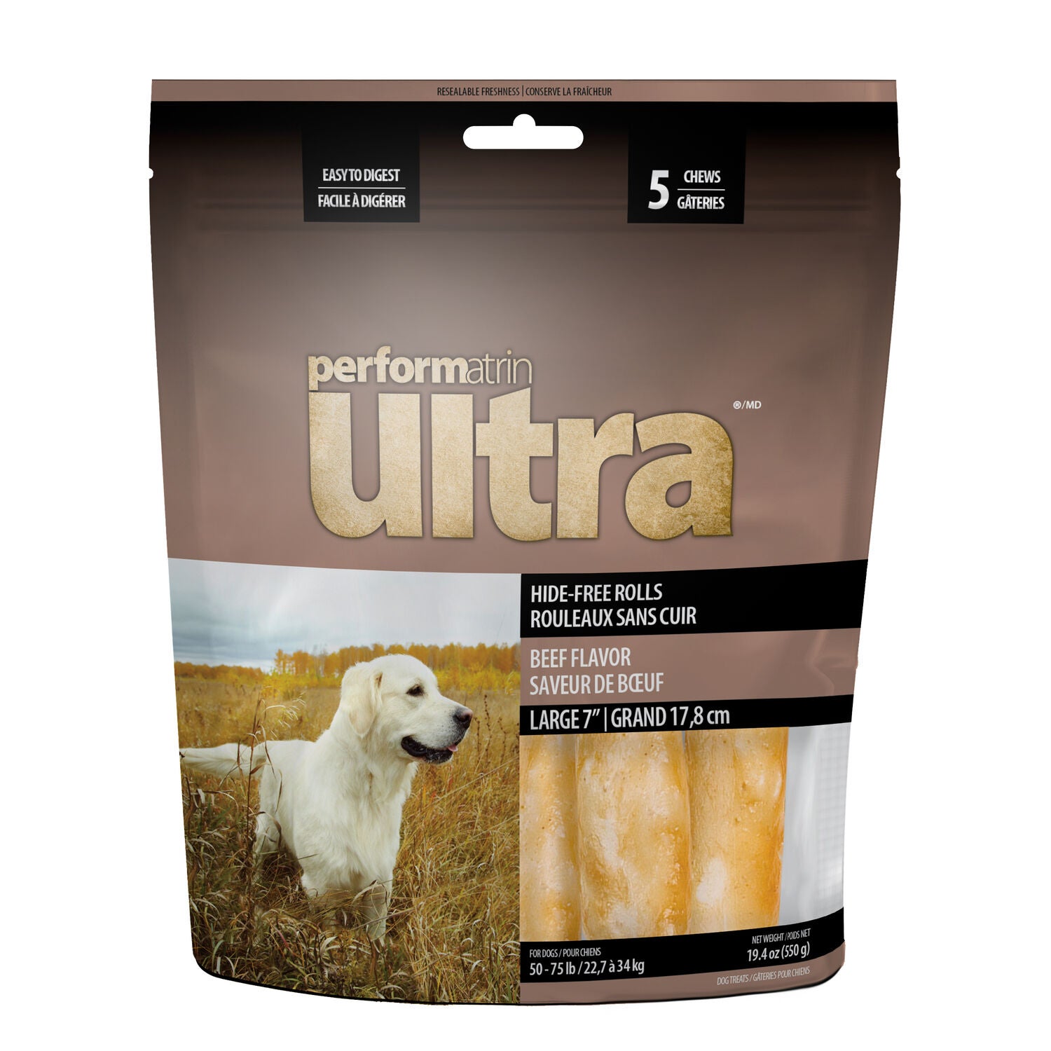 Performatrin Ultra Hide-Free Rolls Beef Flavor Large Dog Treats, 7"