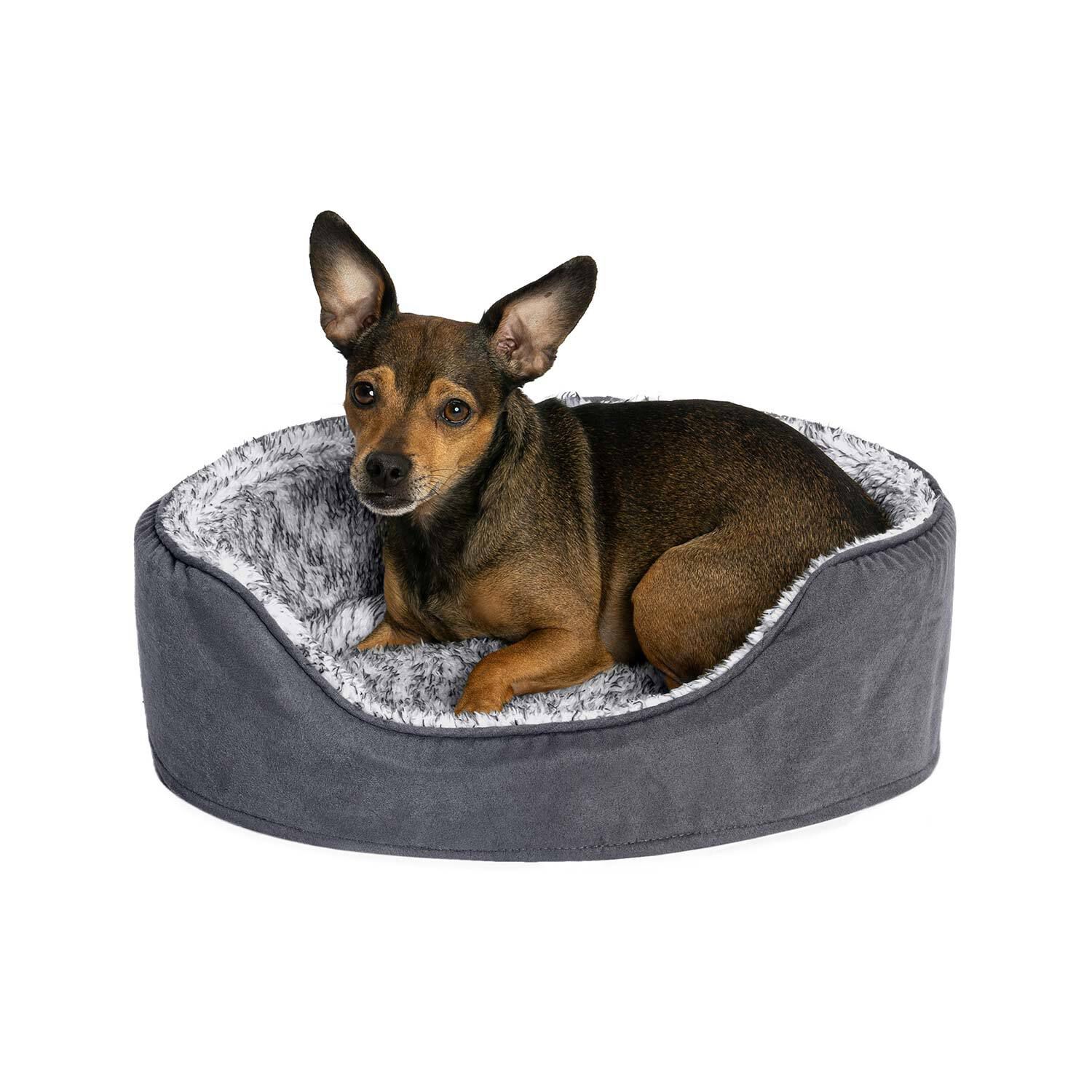 Furhaven Two-Tone Fur & Suede Oval Dog & Cat Bed - Gray
