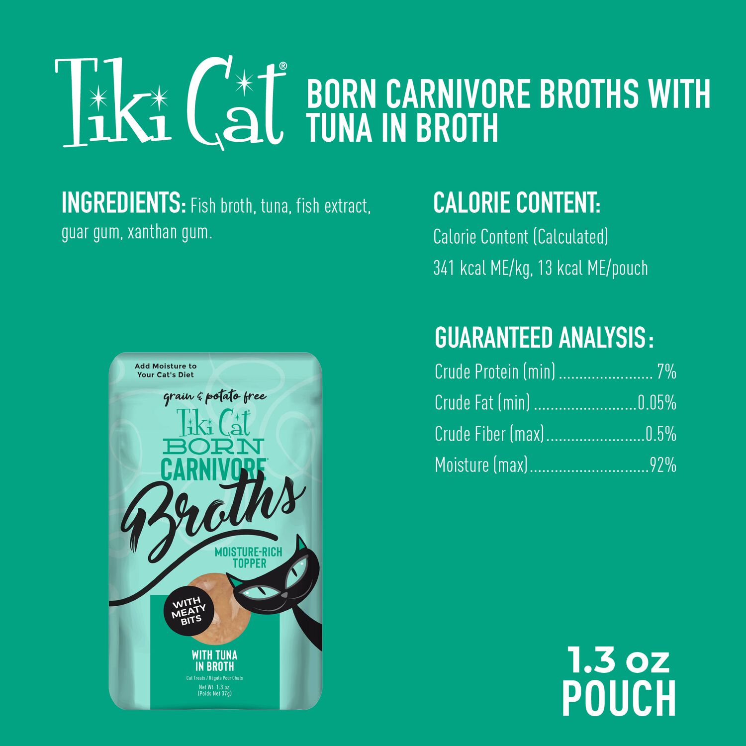 Tiki Cat Born Carnivore Broths Wet Cat Food Topper, Tuna, 1.3-Oz Pouch