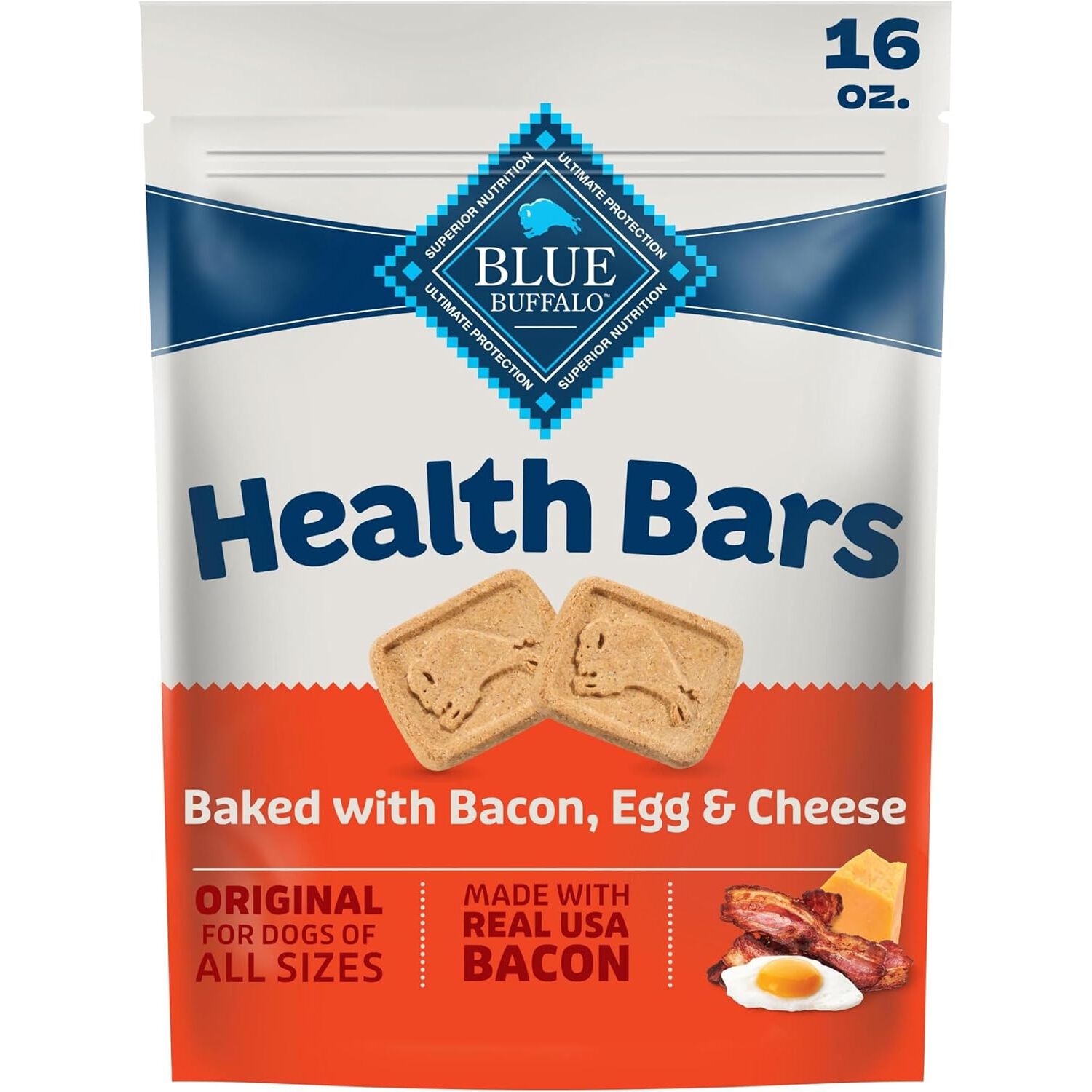 Blue Buffalo Health Bars Baked With Bacon, Egg & Cheese Biscuits Dog Treats, 16-Oz Bag