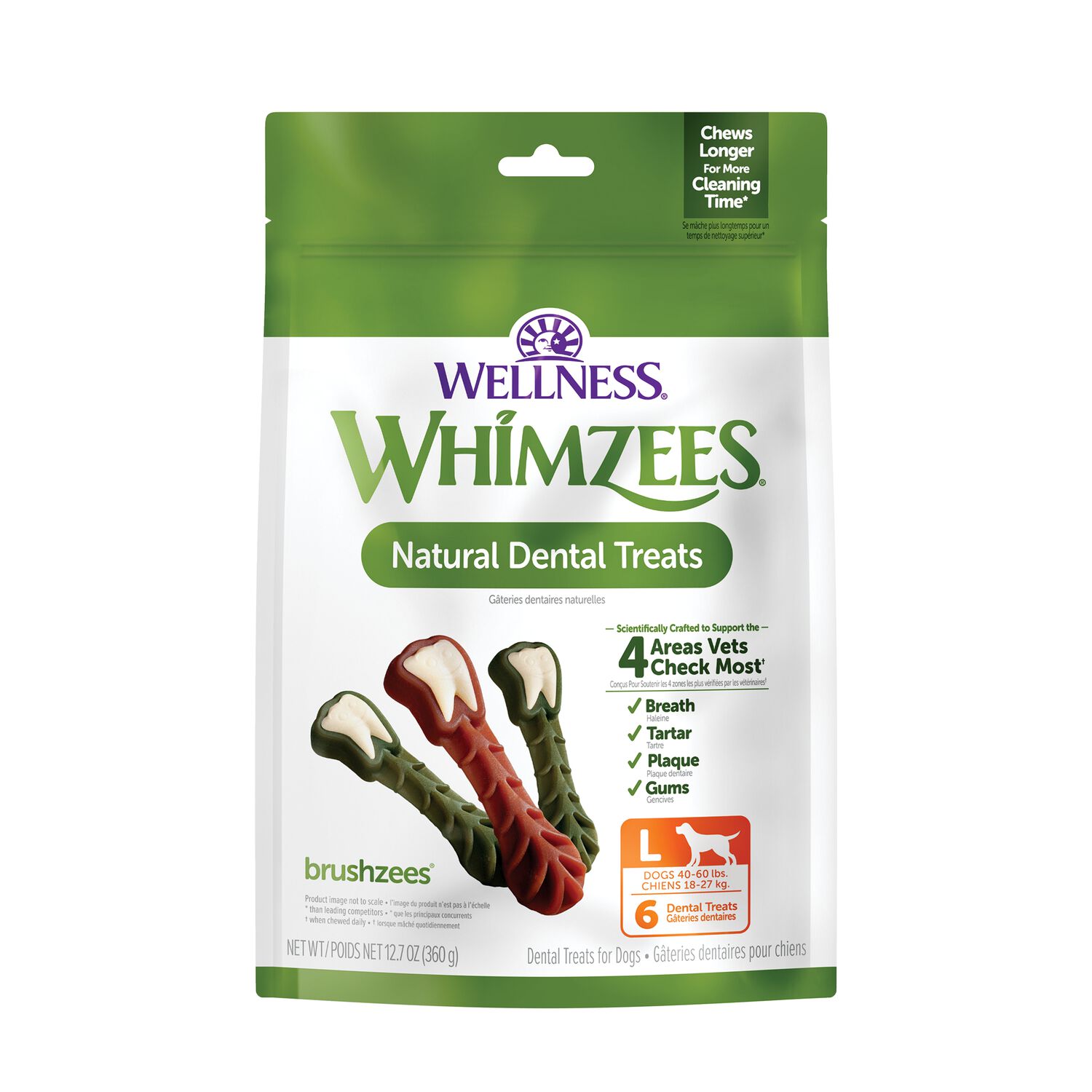 Whimzees Brushzees Natural Grain-Free Dental Dog Treats, Large, 6 Count