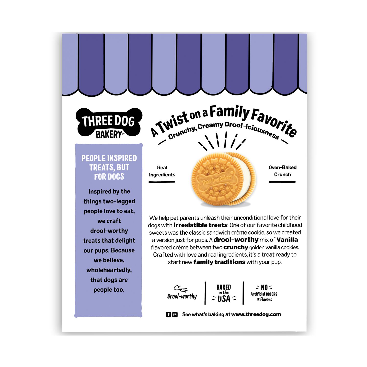 Three Dog Bakery Lick&rsquo;N Crunch Sandwich Cookies Golden & Vanilla Flavor Dog Treats, 13-Oz