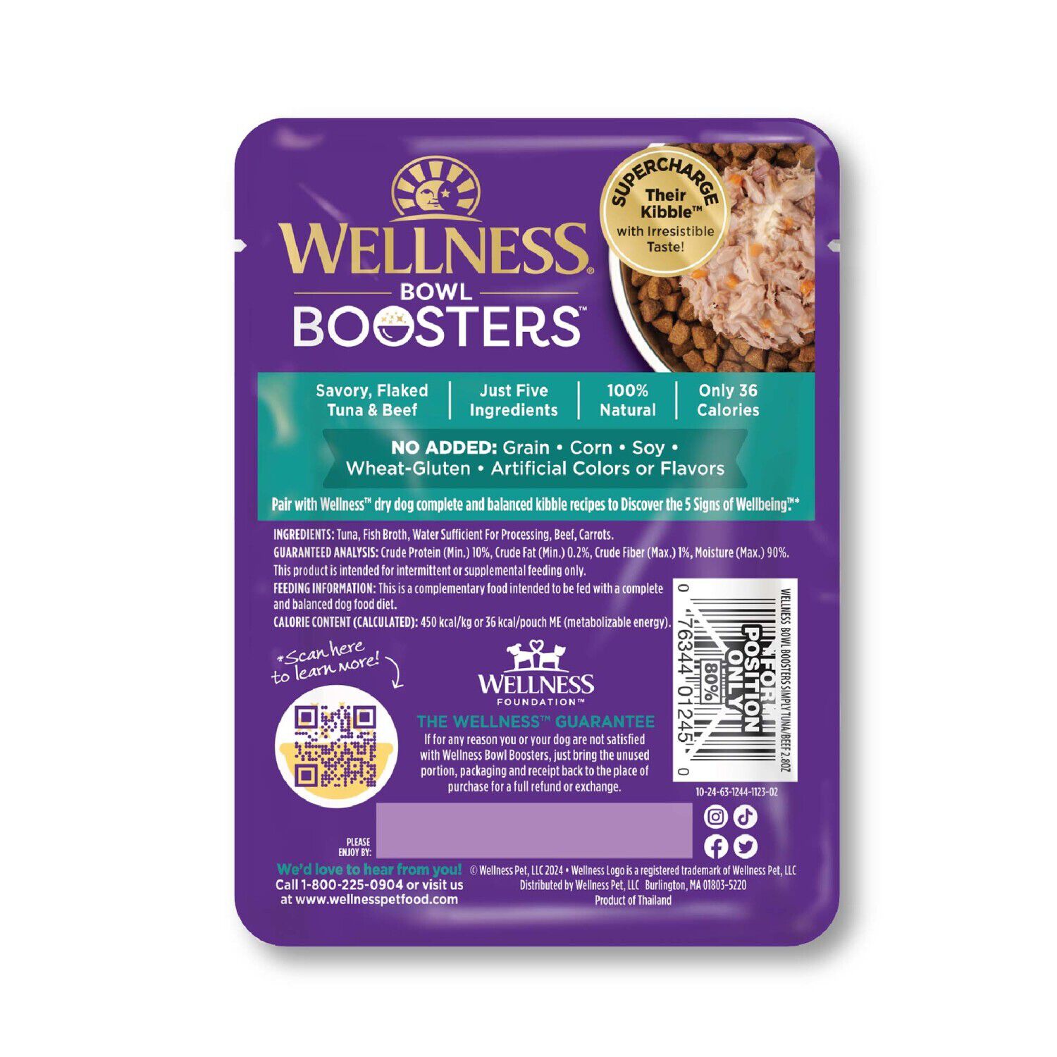 Wellness Bowl Boosters Simply Shreds Wet Dog Food Topper For Small, Medium, & Large Breeds, Grain Free, Natural, Tuna, Beef & Carrots, 2.8 Ounce Pouch