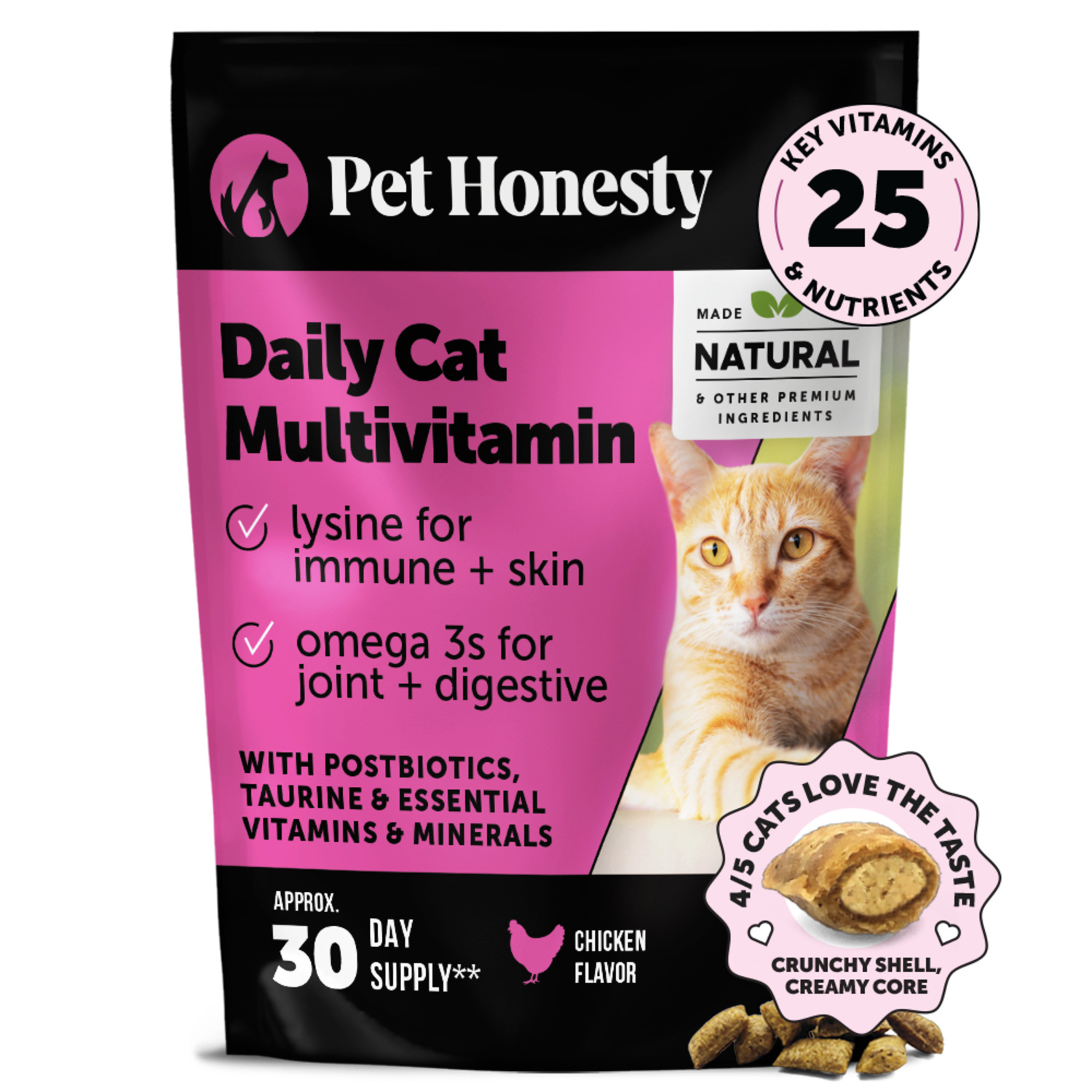 Pet Honesty Dual Texture Chicken Flavored Multivitamin Supplement Crunchy Cat Chews With Lysine & Probiotic, 3.7-Oz Pouch