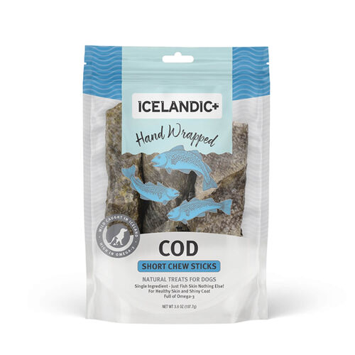 Icelandic+ Hand Wrapped Cod Skin Chew Short Sticks Natural Dog Treats, 3 Pack