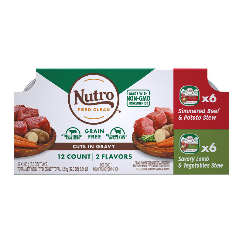 Nutro Grain Free Simmered Beef & Savory Lamb In Gravy Wet Dog Food Variety Pack, 12 3.5oz Trays