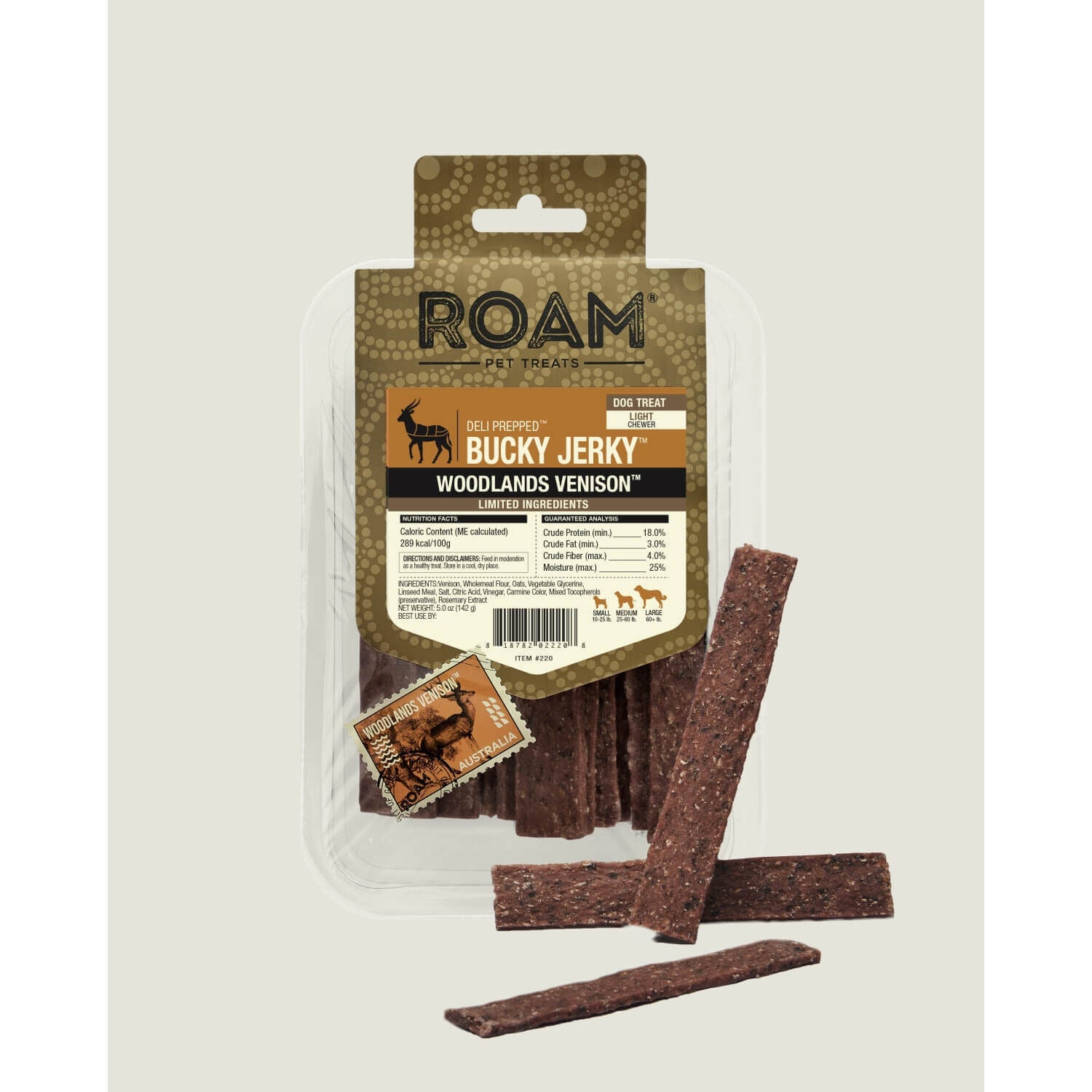 Roam Deli-Prepped Bucky Jerky Dog Chews, Woodlands Venison
