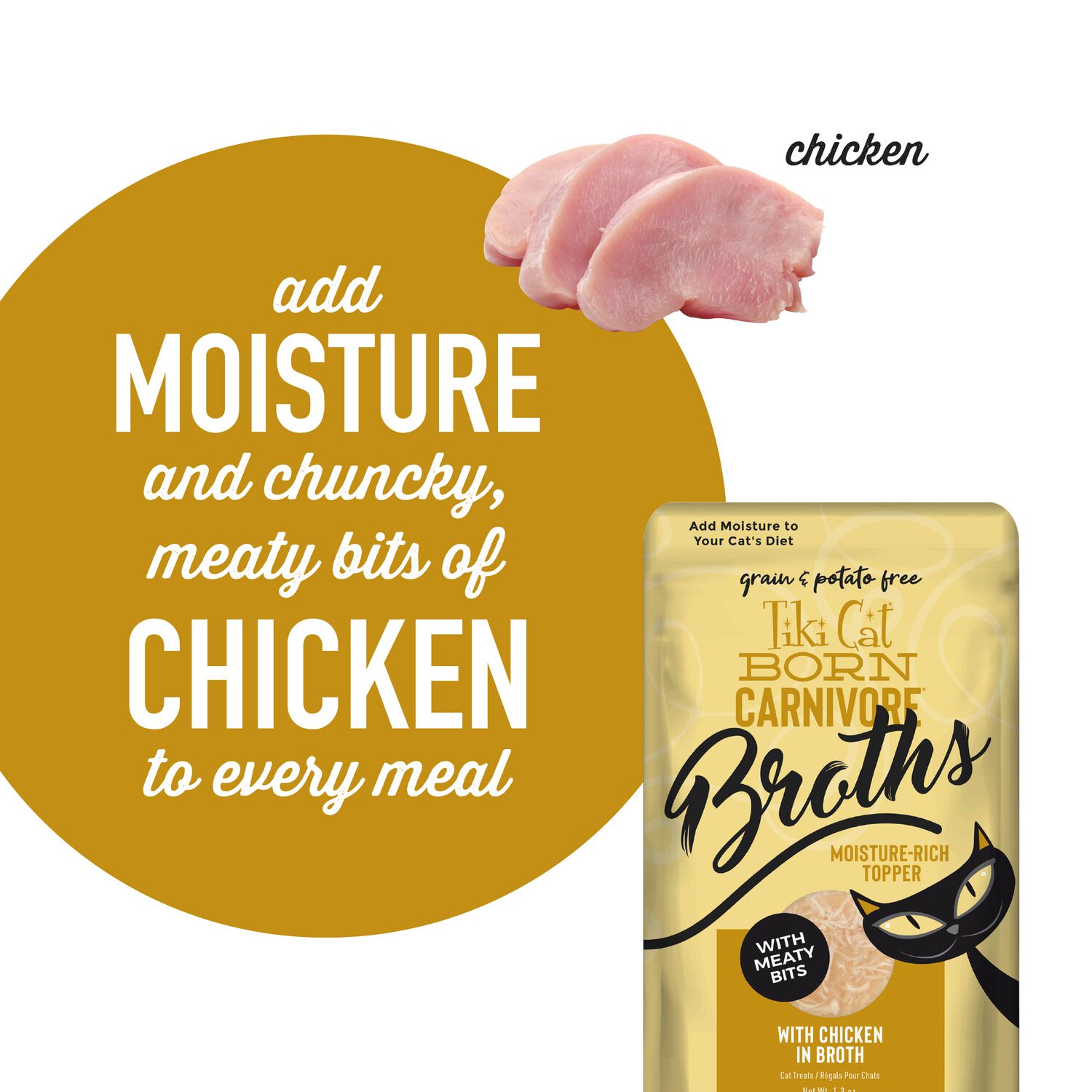 Tiki Cat Born Carnivore Grain-Free Broths Wet Cat Food Topper, Chicken, 1.3-Oz Pouch 12-Count
