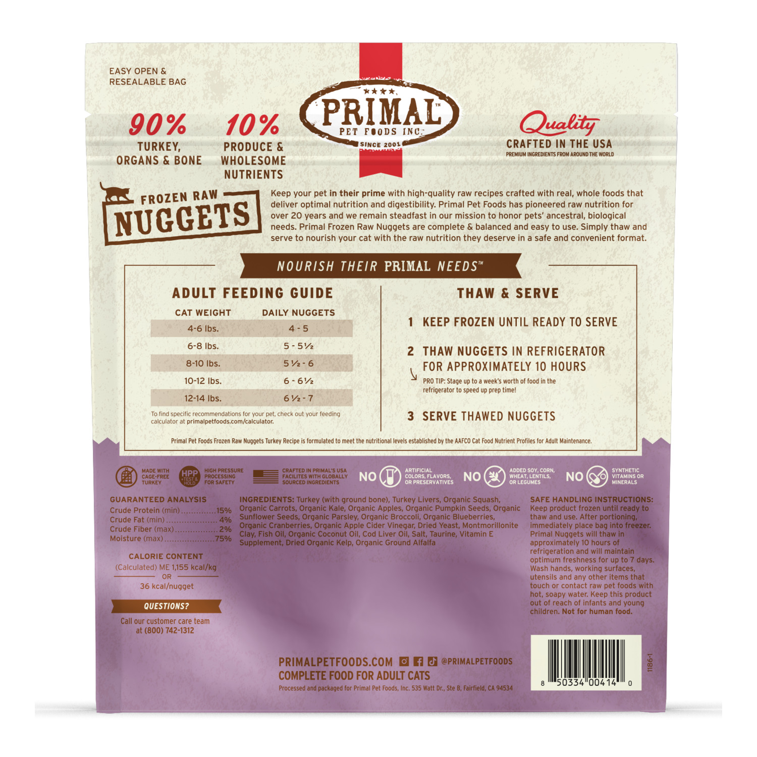 Primal Raw Nuggets Frozen Cat Food, Turkey Recipe