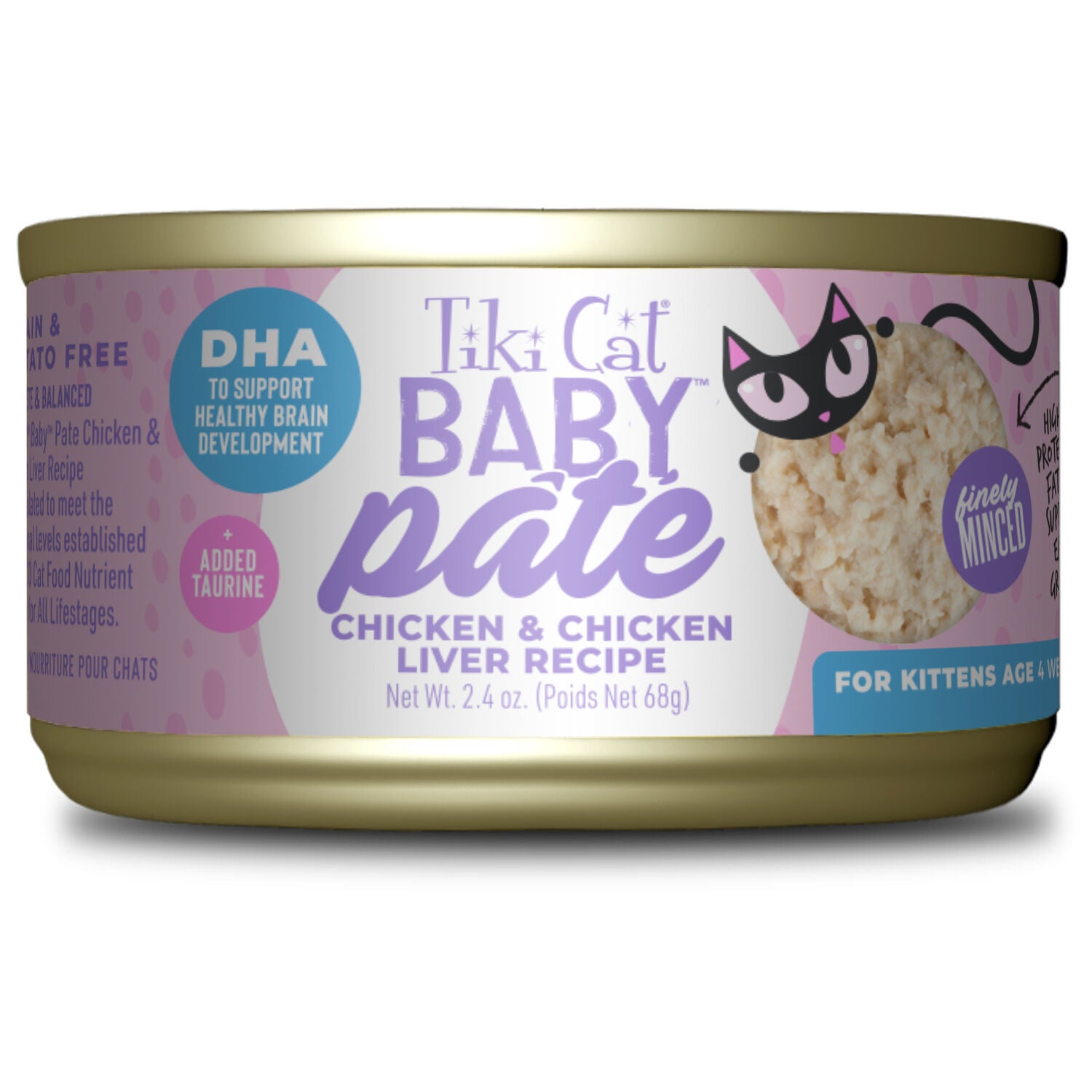Tiki Cat Baby Pate Wet Cat Food For Kittens, Chicken & Chicken Liver, 2.4-Oz Can Pack Of 12
