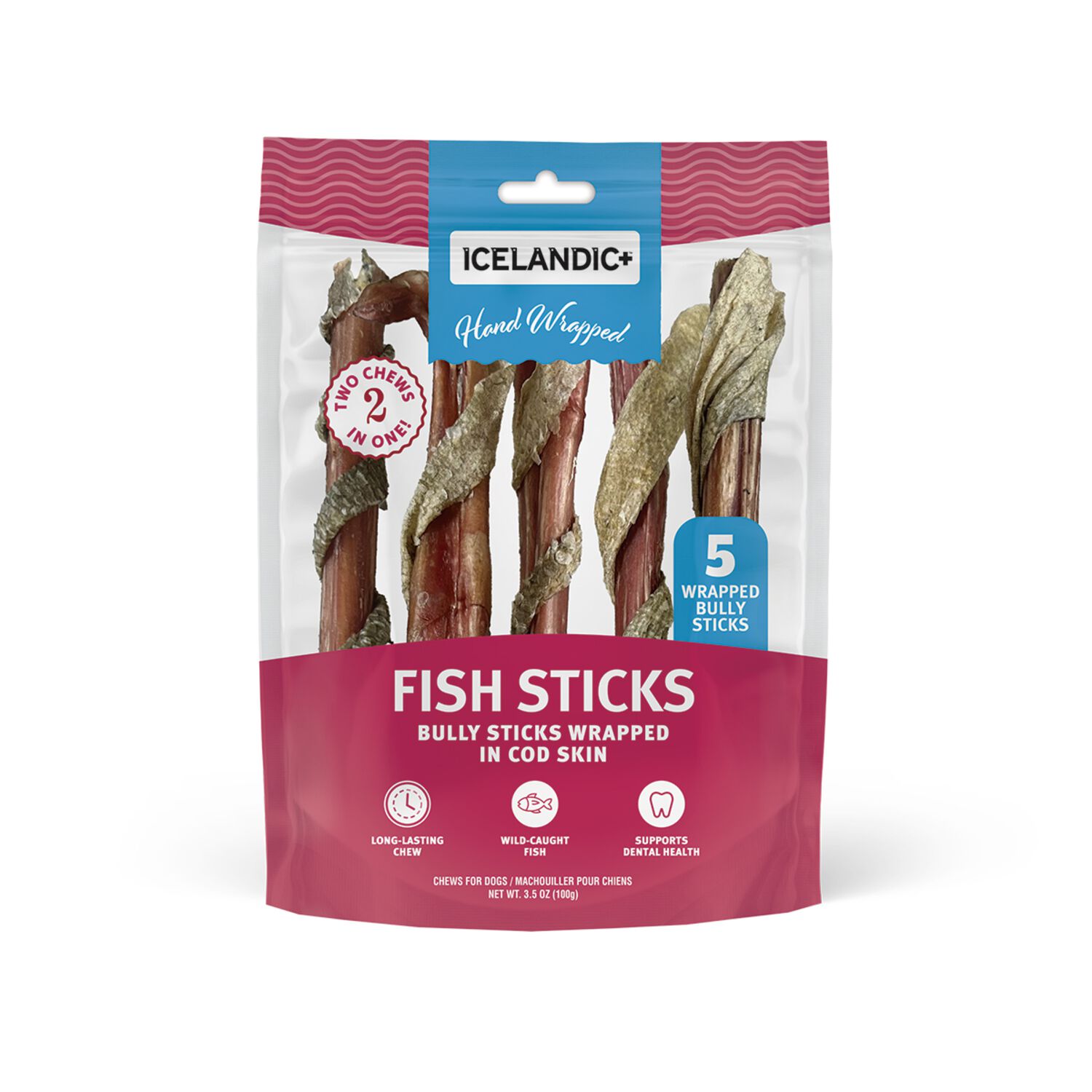 Icelandic+ Natural Bully Sticks Wrapped With Fish Cod Skin Dog Treats, 6" - 5 Pack