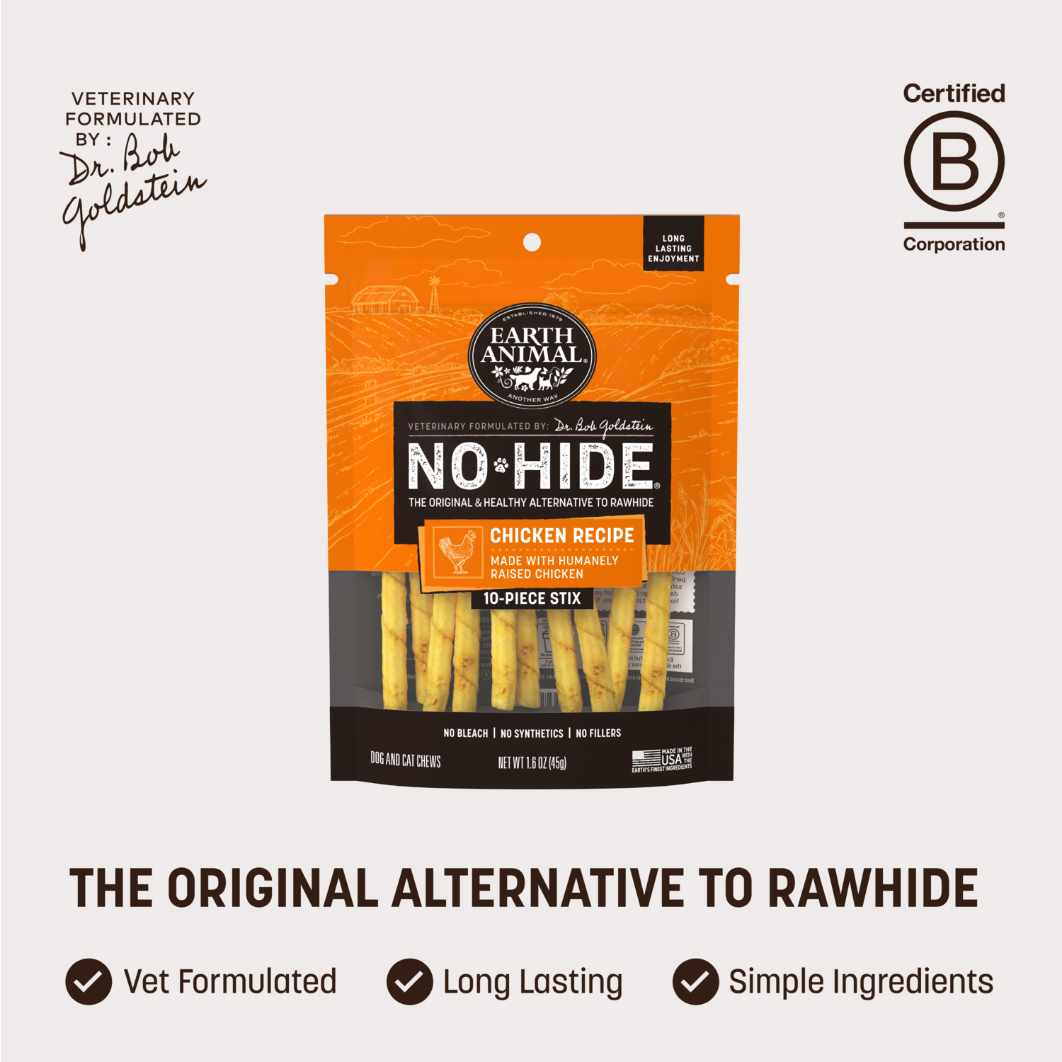 Earth Animal No-Hide Rawhide Alternative Dog & Cat Treat Stix, Cage-Free Chicken, 10-Pack