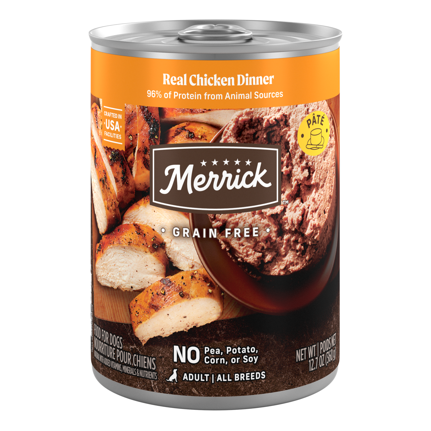Merrick Grain-Free Premium And Natural Canned Soft And Healthy Wet Dog Food, Real Chicken Dinner Recipe, 12.7-Oz Pack Of 12