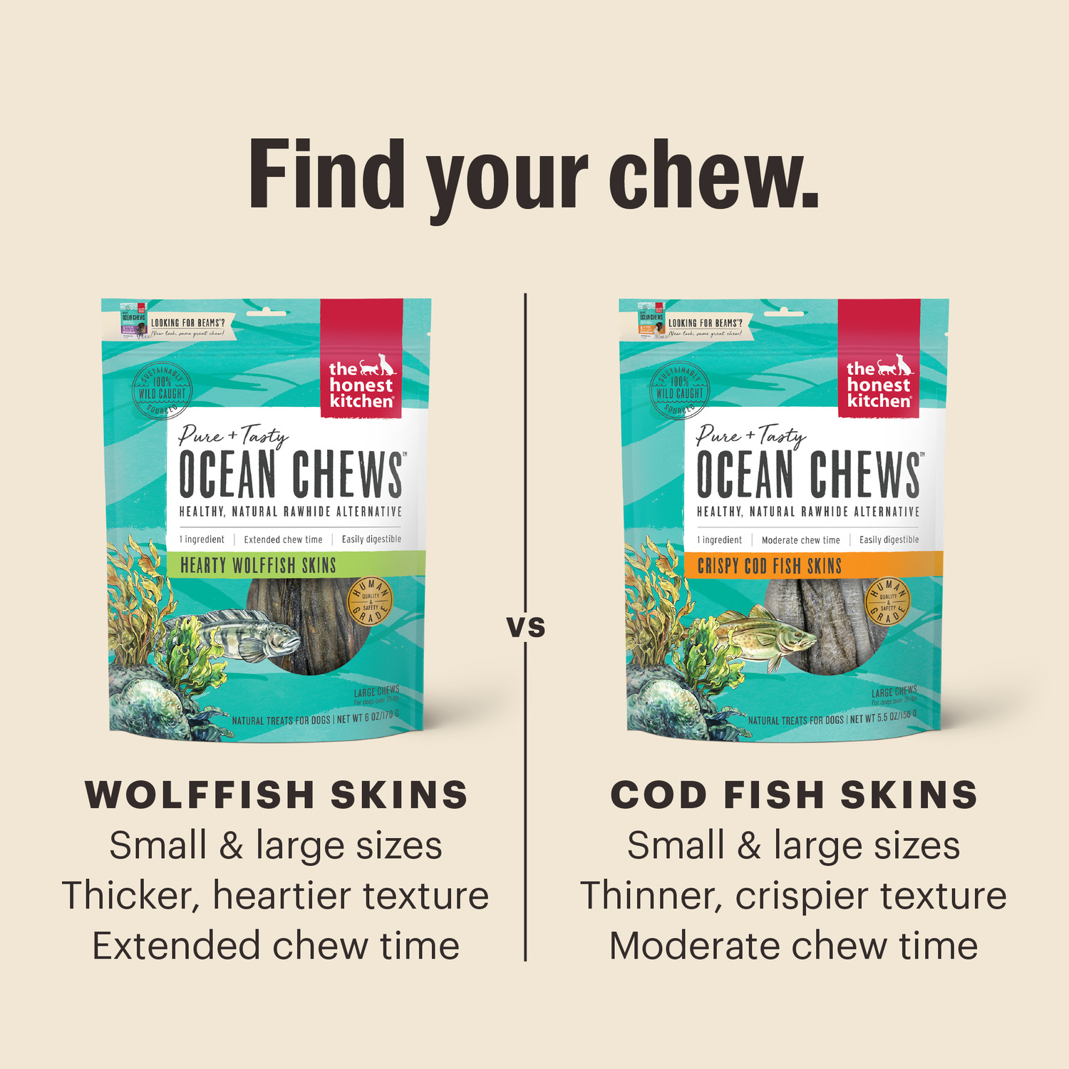 The Honest Kitchen Ocean Chews Hearty Wolffish Skins Rawhide Alternative Dog Treats, 6-Oz