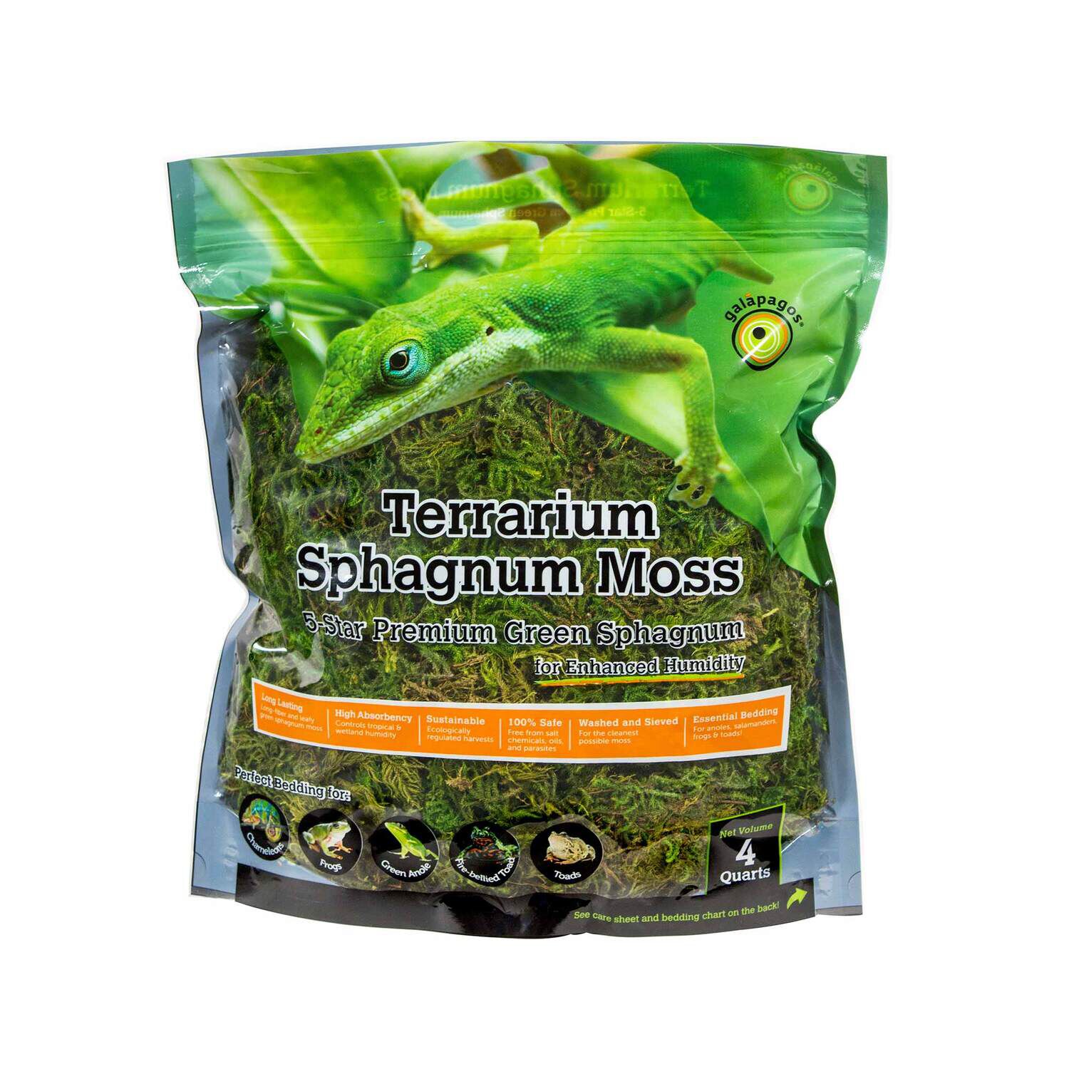 Gal&aacute;pagos Terrarium Sphagnum Moss Reptile Substrate, Fresh Green, 4Qt Stand-Up Pouch