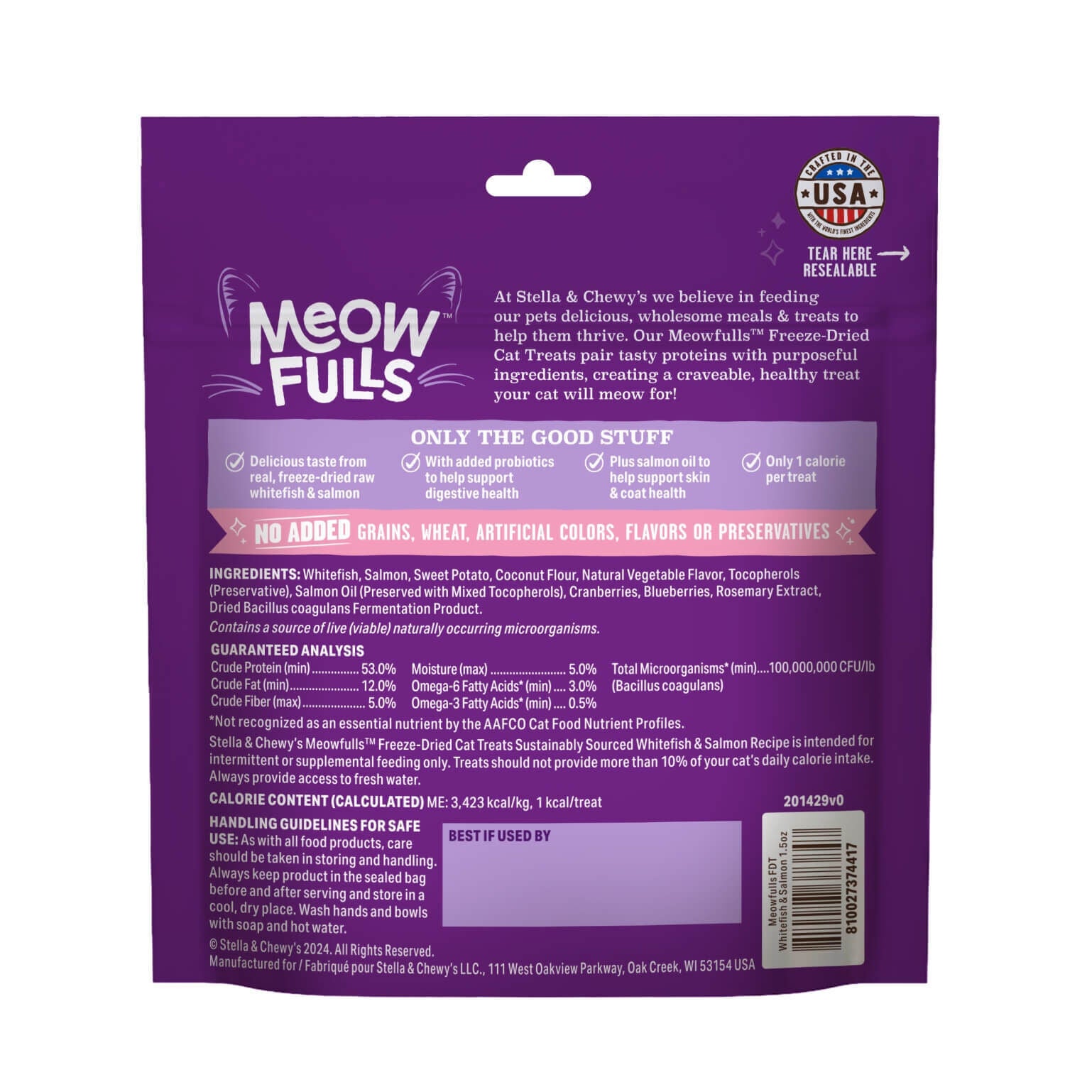 Stella & Chewy's Meowfulls Freeze Dried Cat Treats, Whitefish & Salmon Recipe, 1.5-Oz Pouch