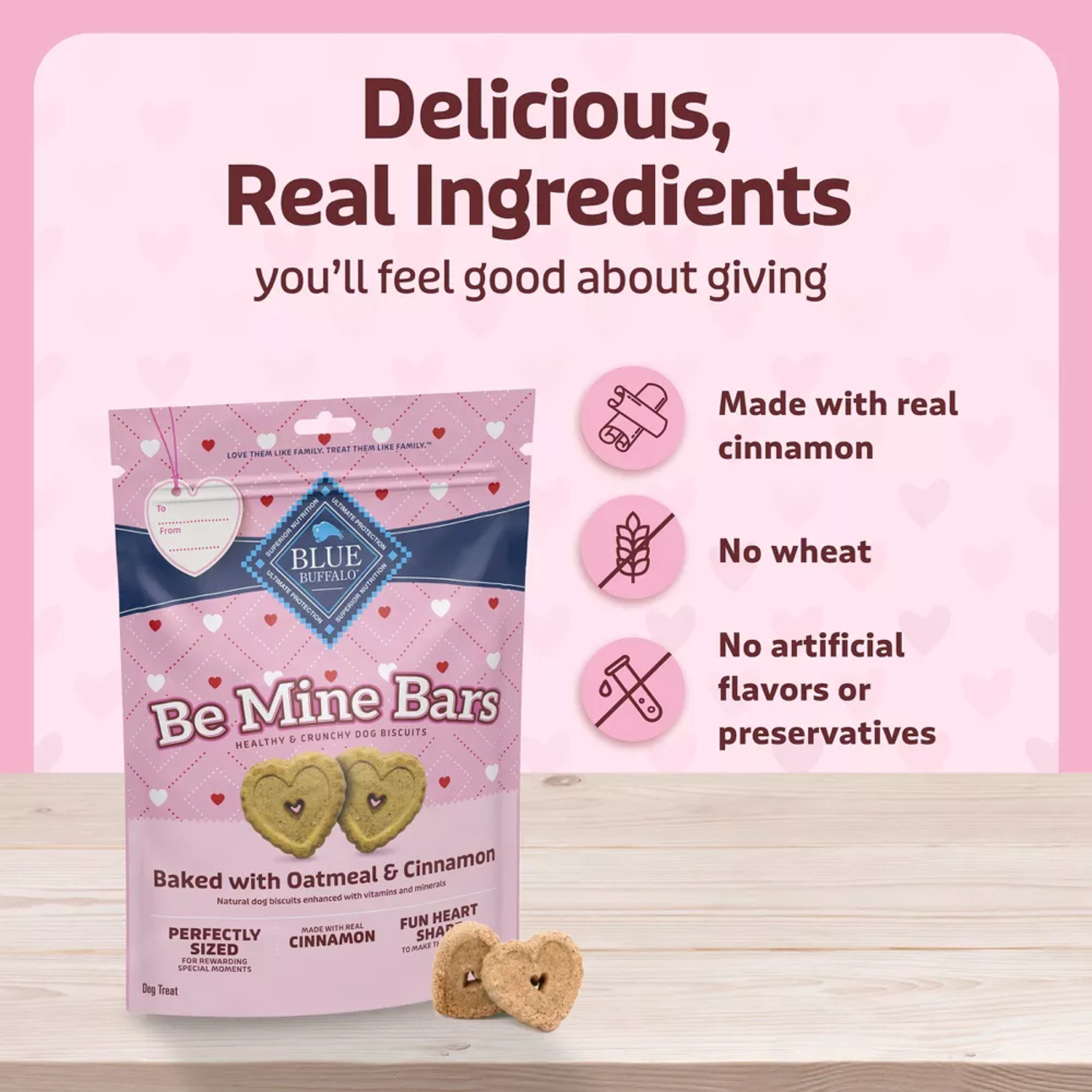 Blue Buffalo Be Mine Bars Heart-Shaped Healthy & Crunchy Dog Biscuits, Natural Valentine&rsquo;S Dog Treats, Baked With Oatmeal & Cinnamon, 11-Oz Bag