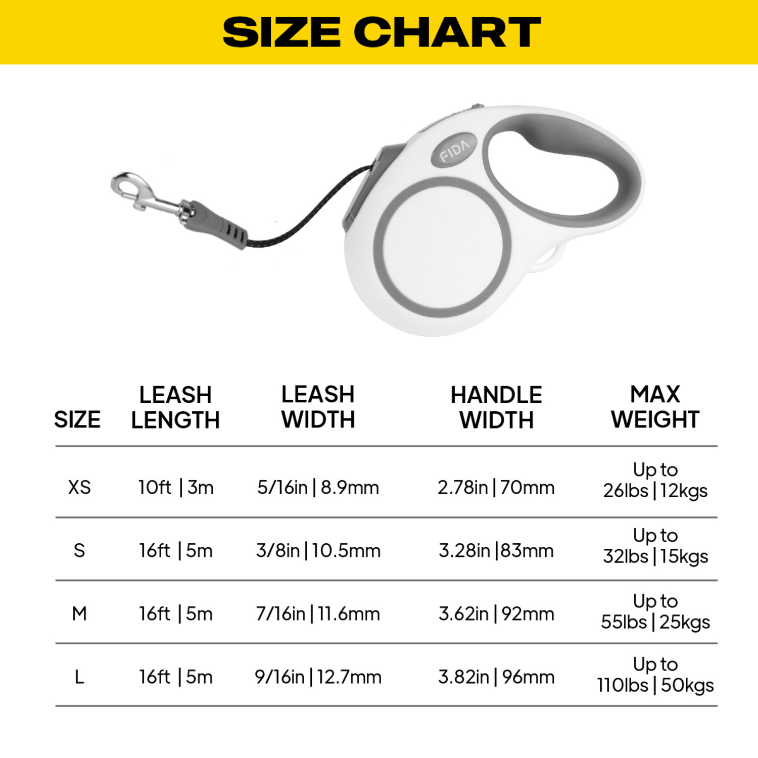 Fida Pet Comfort Series Retractable Dog Leash, White - Large