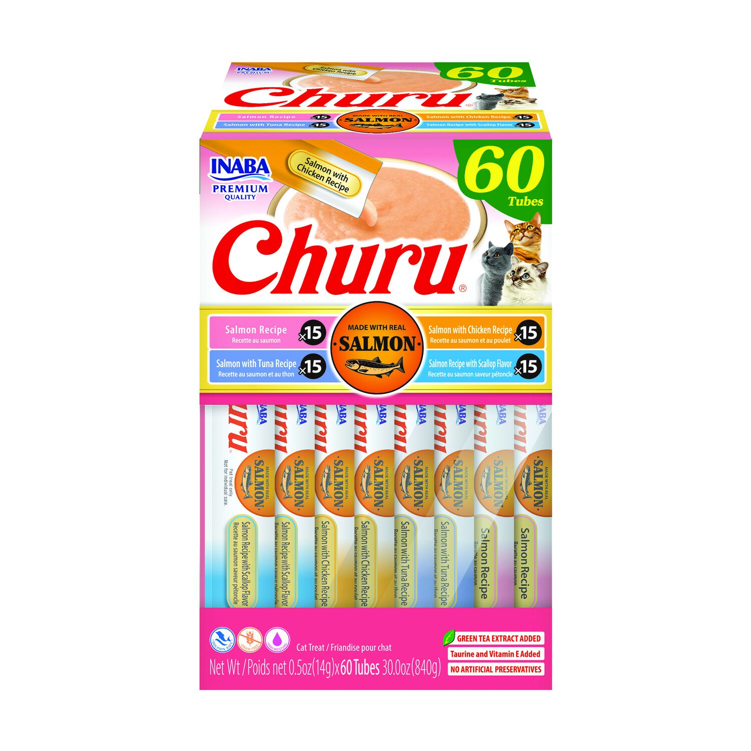 Inaba Churu Lickable Pur&eacute;e Salmon Variety Cat Treats, 60 Count