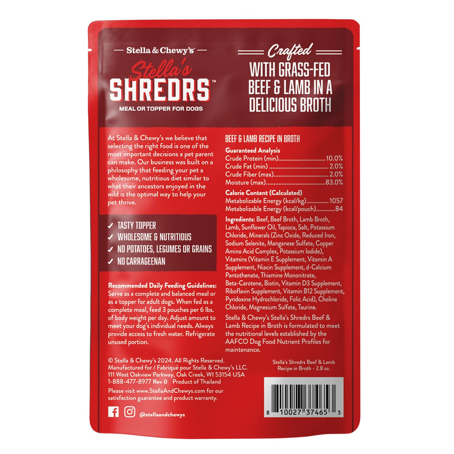 Stella & Chewy's Stella's Shredrs Wet Dog Food, Beef & Lamb Recipe In Broth, 2.8-Oz Pouch - 12 Pack