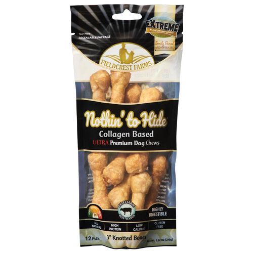 Fieldcrest Farms Nothin' To Hide Collagen Based Ultra Knotted Bone Dog Treats, 3" Beef Flavor Chews, 12 Count