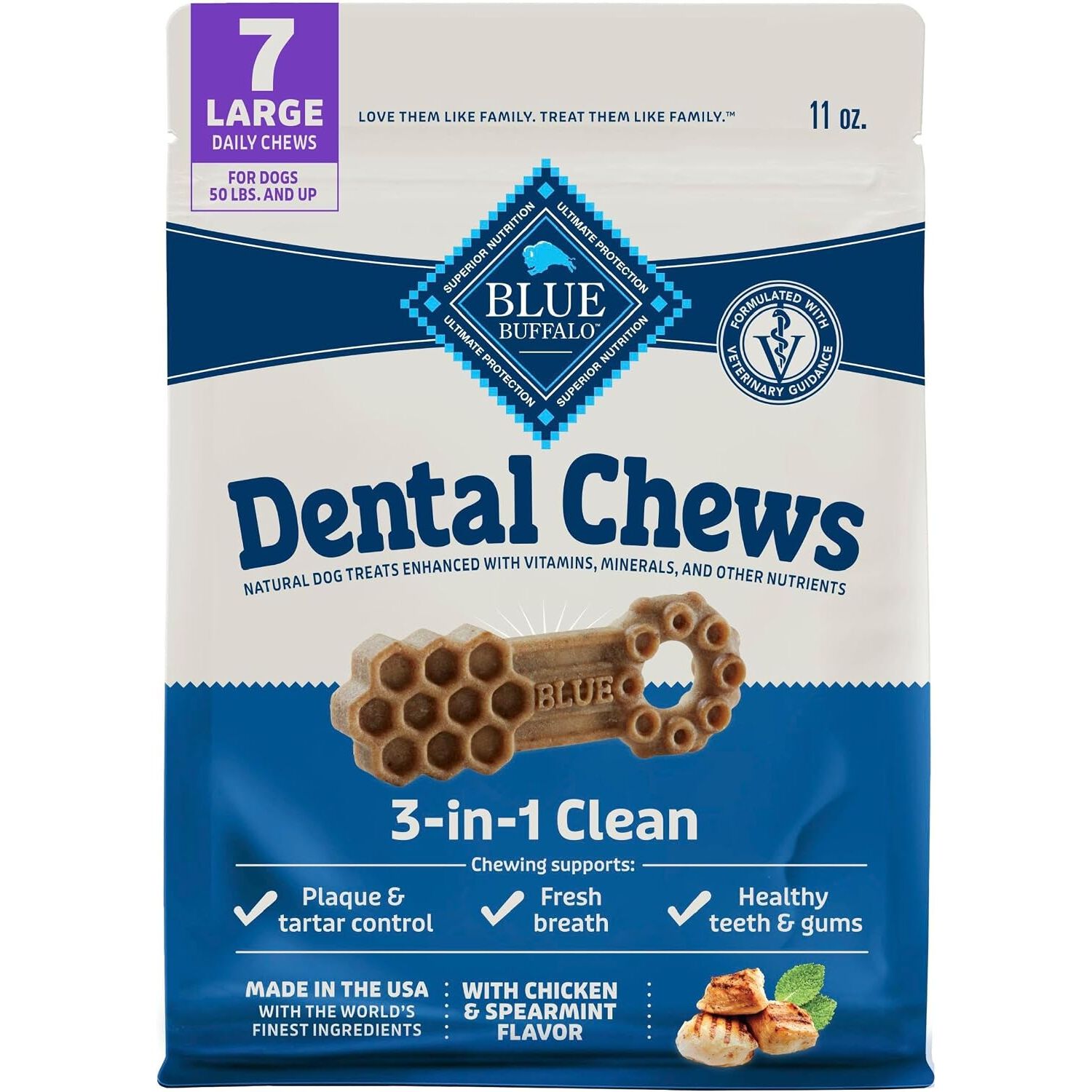 Blue Buffalo 3-In-1 Large Dog Dental Chews With Chicken & Spearmint Flavor, 7-Ct