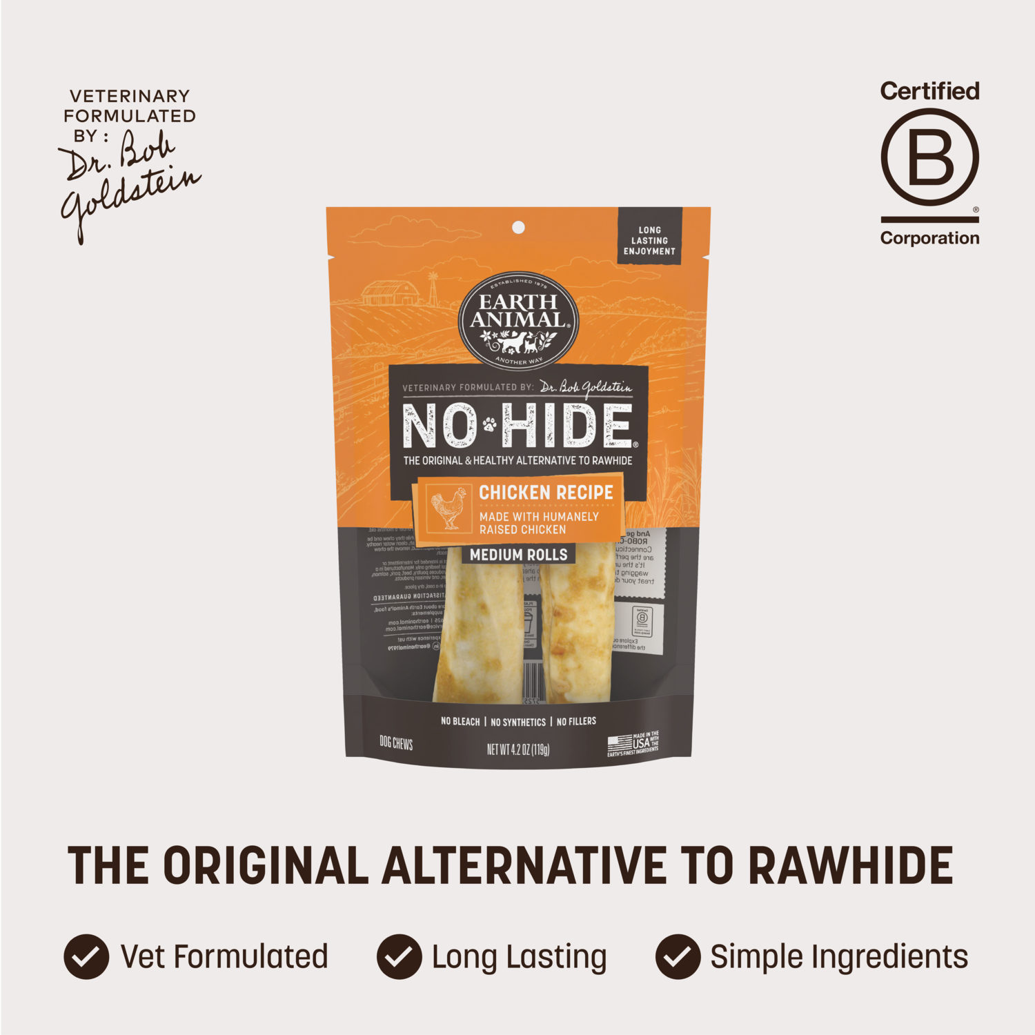 Earth Animal No-Hide Rawhide Alternative Dog Treat Chews, Cage-Free Chicken, 2 Pack, 7"