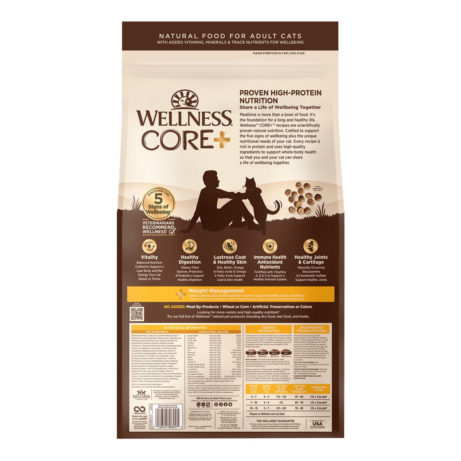 Wellness Core+ Adult Dry Cat Food For Indoor Cats, Grain Free, Natural, Chicken, Turkey & Chicken Meal - 5-Lb