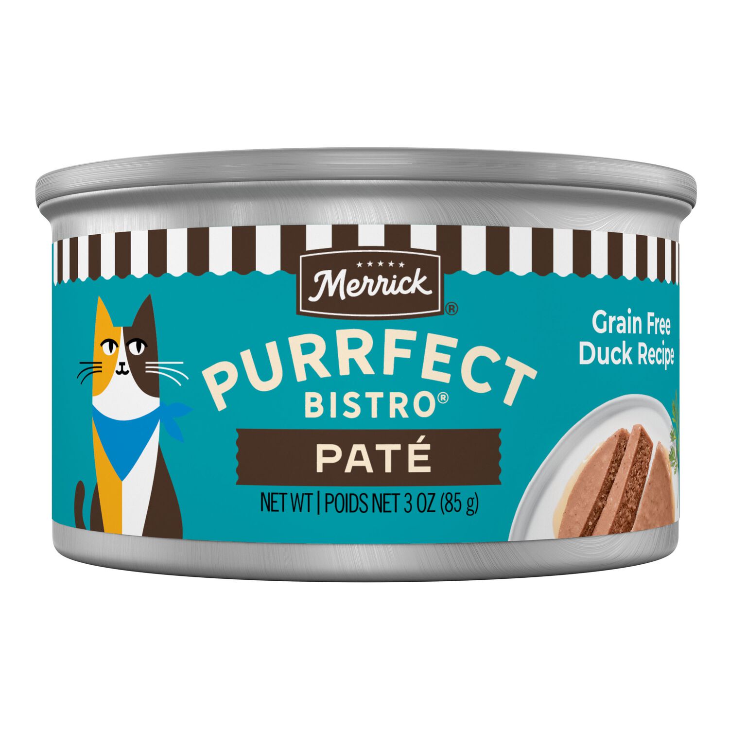 Merrick Purrfect Bistro Grain Free Premium Soft Canned Pate Adult Wet Cat Food, High Protein Duck Recipe, 3-Oz Can