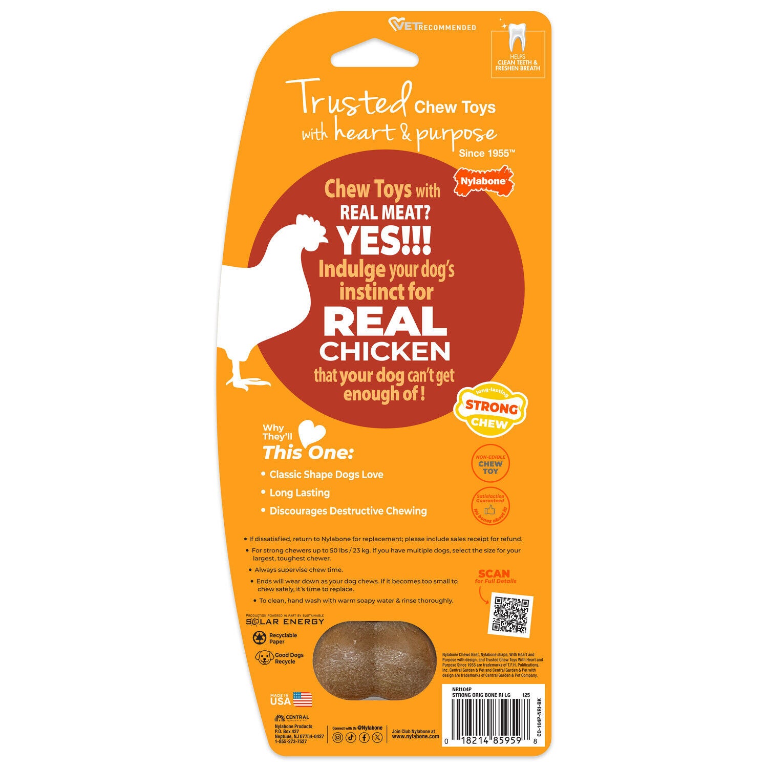 Nylabone Strong Chew Original Bone Dog Chew Toy Made With Real Chicken, Small