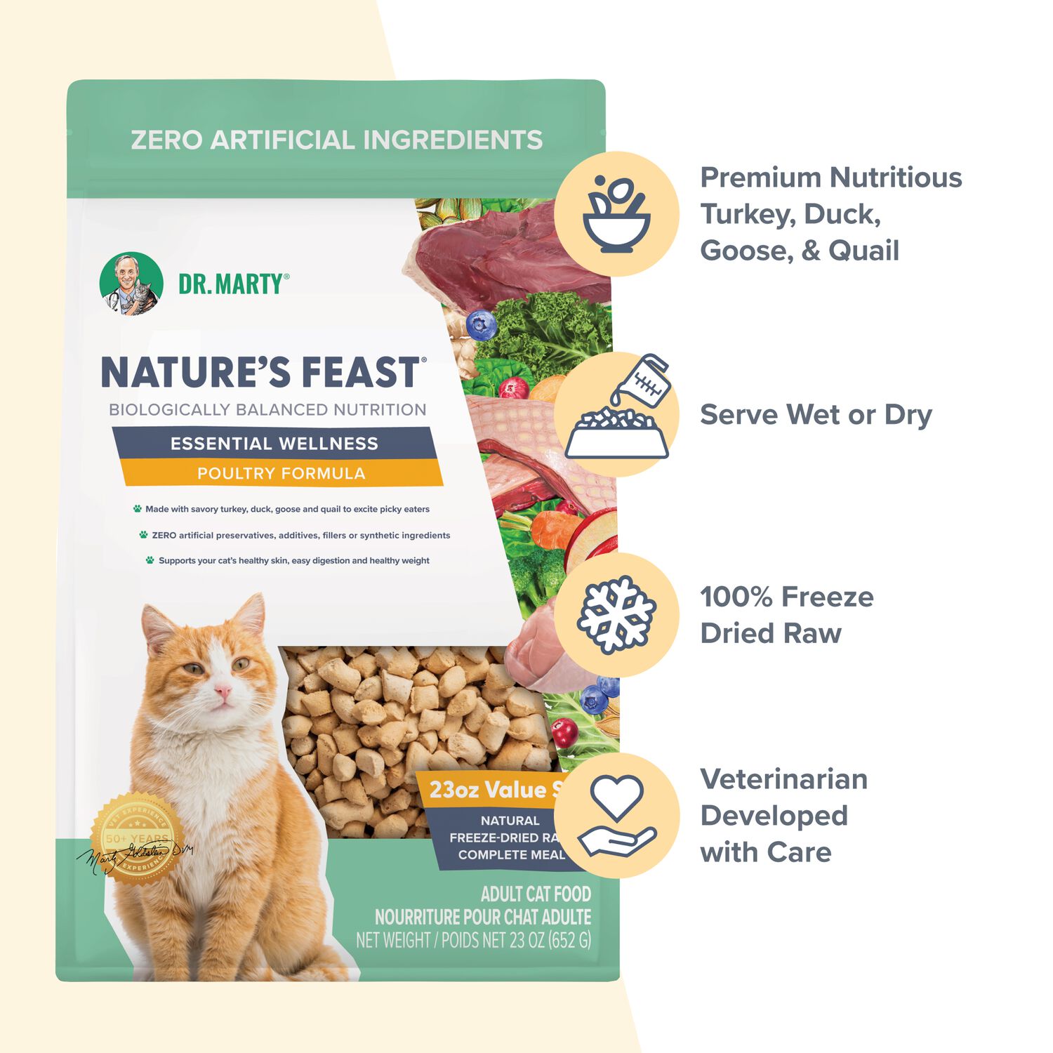 Dr. Marty Nature's Feast Essential Wellness Poultry Freeze-Dried Raw Adult Cat Food,  23-Oz Bag