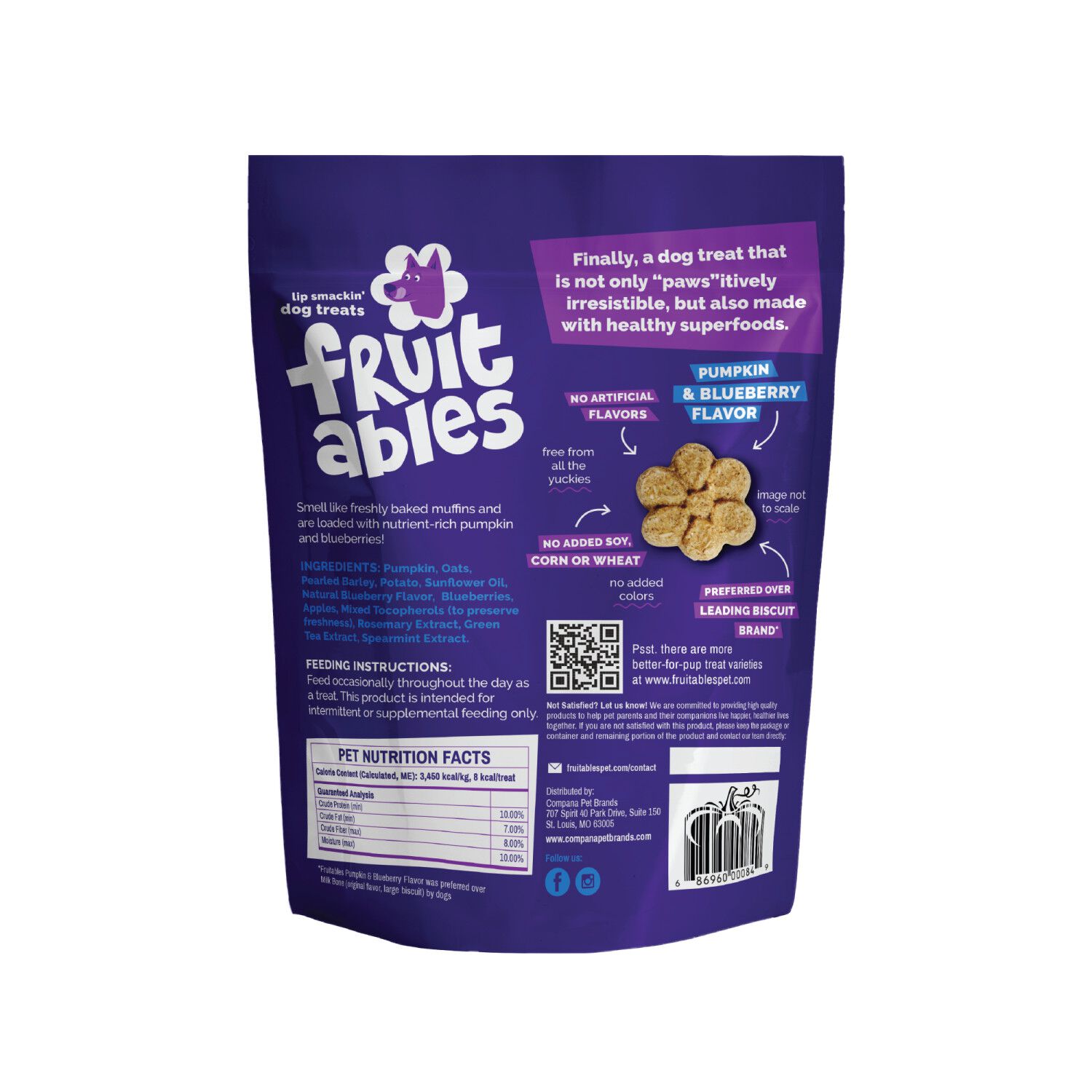Fruitables Low Calorie Baked Crunchy Dog Treats, Pumpkin & Blueberry, 12-Oz Bag