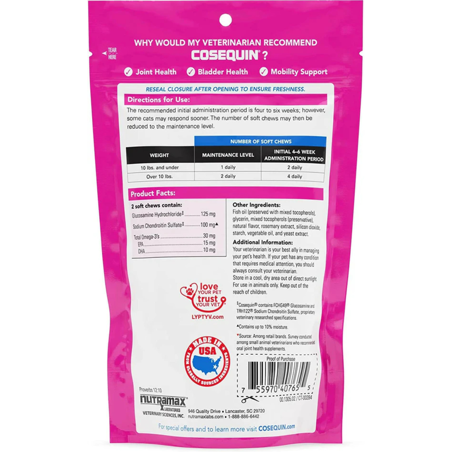Nutramax Cosequin Joint Cat Health Supplement - With Glucosamine, Chondroitin, And Omega-3'S, 60 Soft Chews