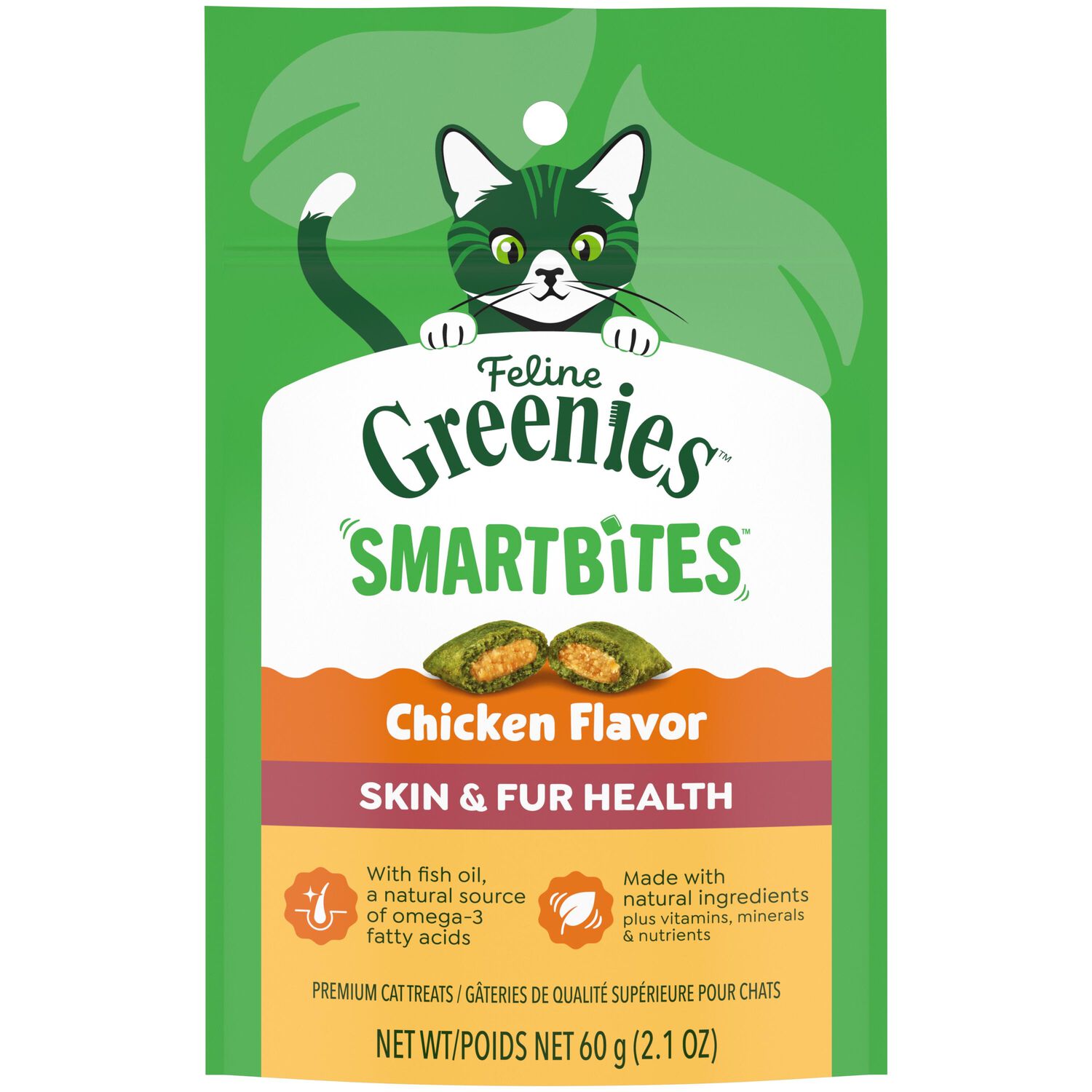 Greenies Feline Smartbites Skin & Fur Health Chicken Flavor Cat Treats, 2.1-Oz