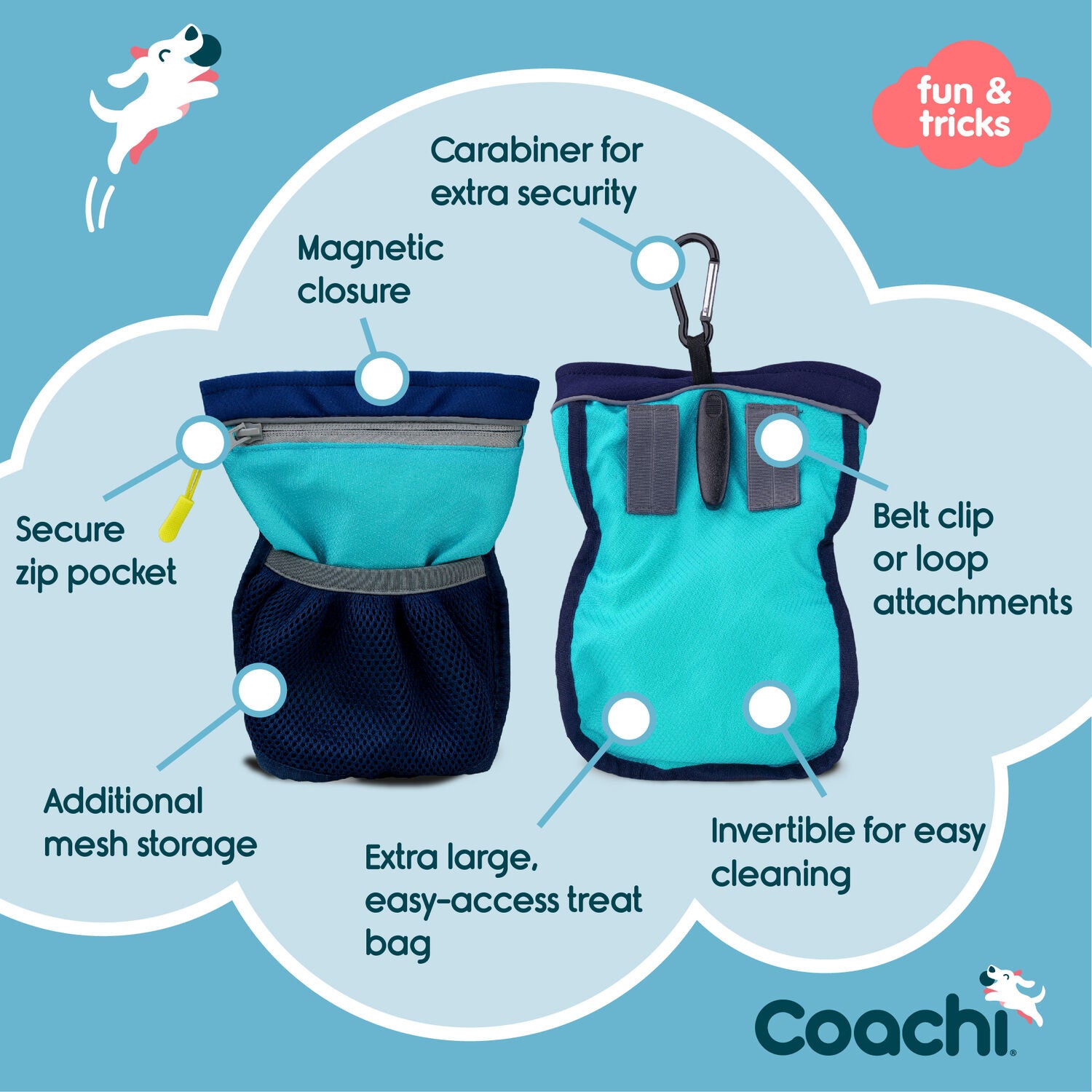 Coachi Pro Train & Treat Bag For Dog Training, Navy & Light Blue