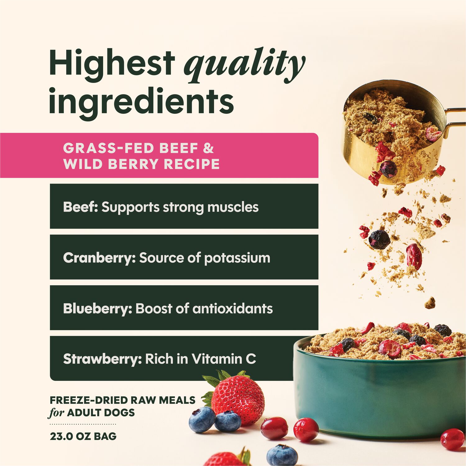 Instinct Freshdried Meal Blends Freeze-Dried Raw Adult Dog Food, Grass-Fed Beef & Wild Berries Recipe, 23-Oz Bag