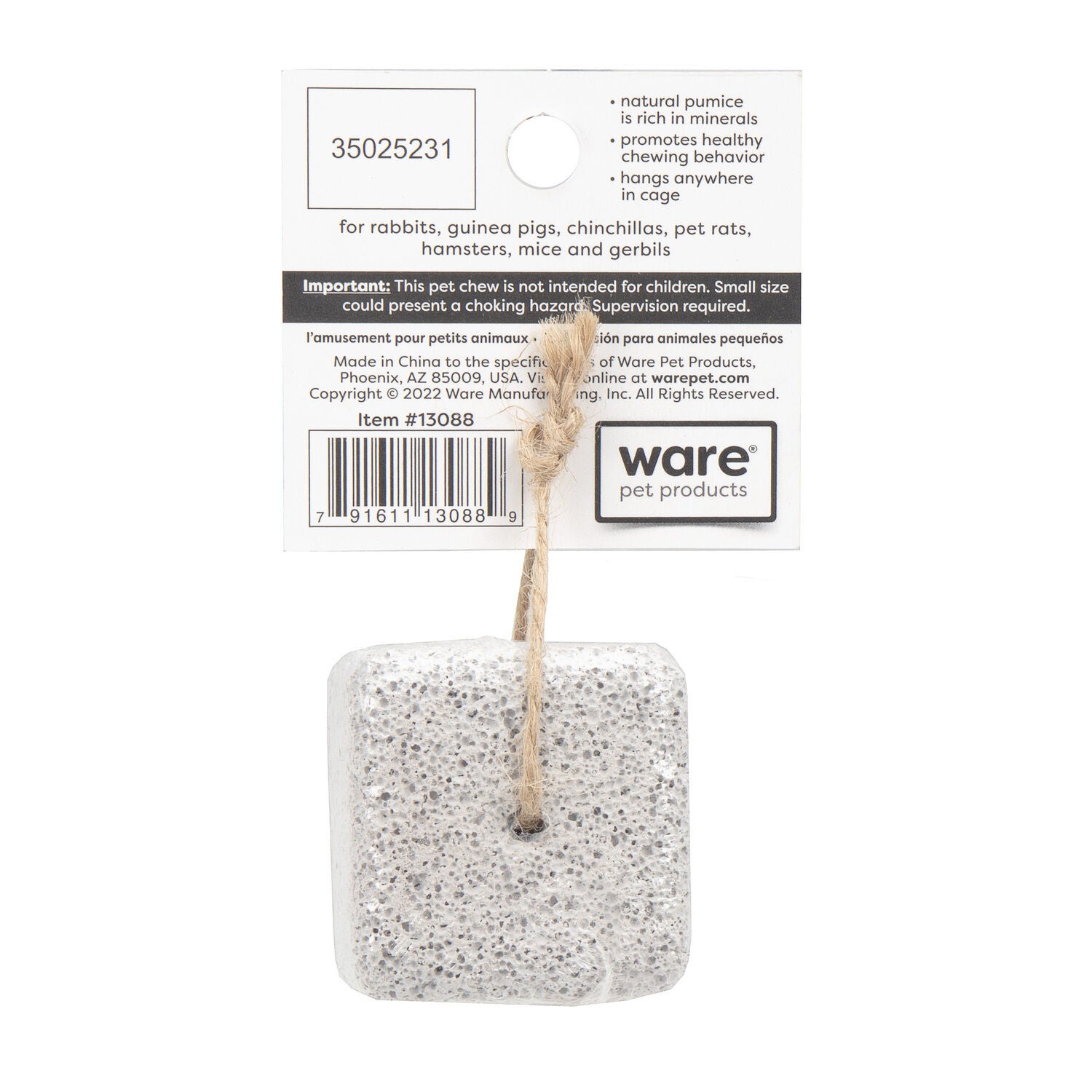 Ware Pet Products Pumice Block With Jute String Small Animal Toy