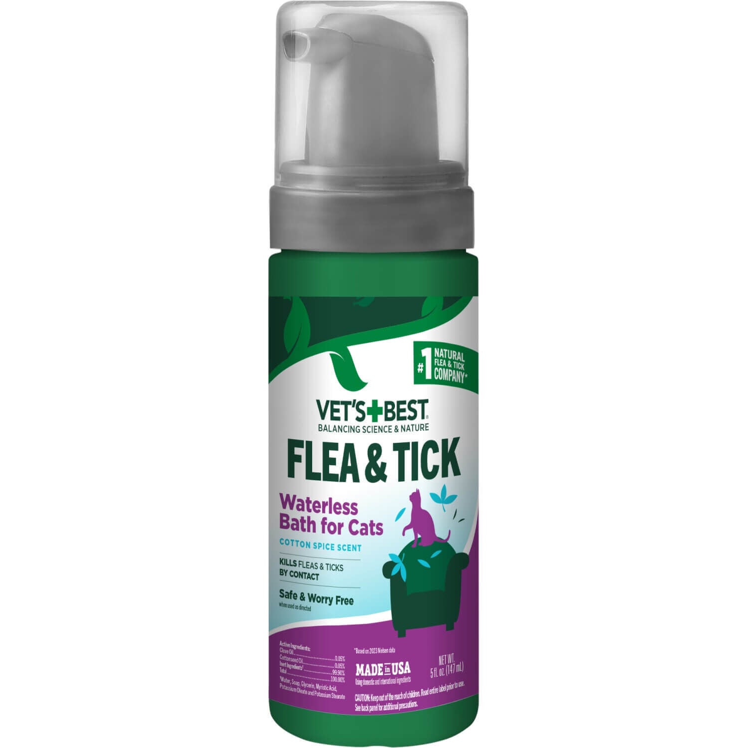 Vets Best Flea & Tick Cat Waterless Bath, Cotton Spice Scent
