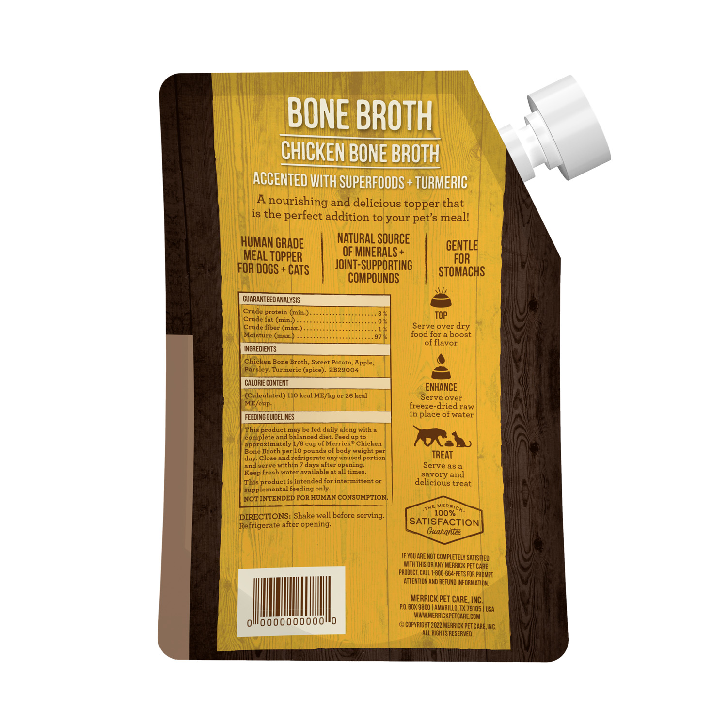 Merrick Grain-Free Bone Broth, Premium Human Grade And Gluten Free Dog And Cat Food Topper Pouches, Chicken, 16-Oz Pouch Pack Of 10