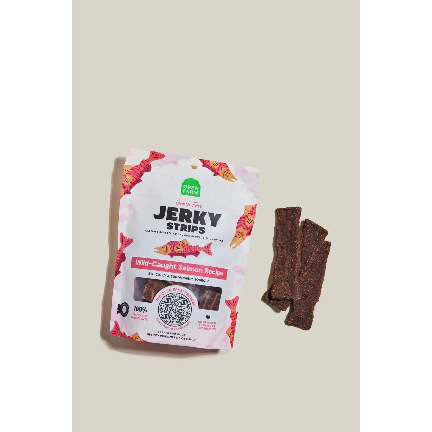 Open Farm Grain Free Jerky Strips Dog Treats, Wild-Caught Salmon, 5.6-Oz Bag
