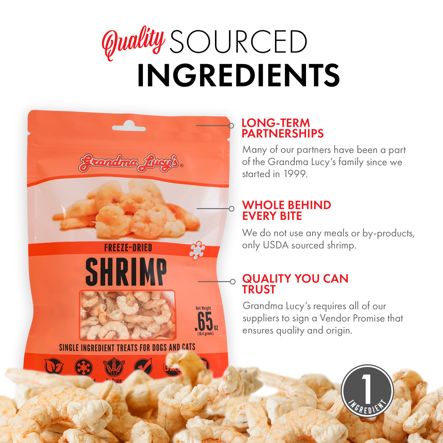 Grandma Lucy's Single-Ingredient Freeze-Dried Dog Treats, Shrimp, 0.65-Oz