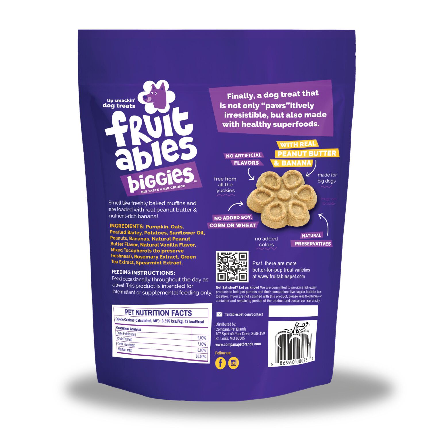 Fruitables Biggies Crunchy Biscuit Dog Treats, Peanut Butter & Banana, 16-Oz