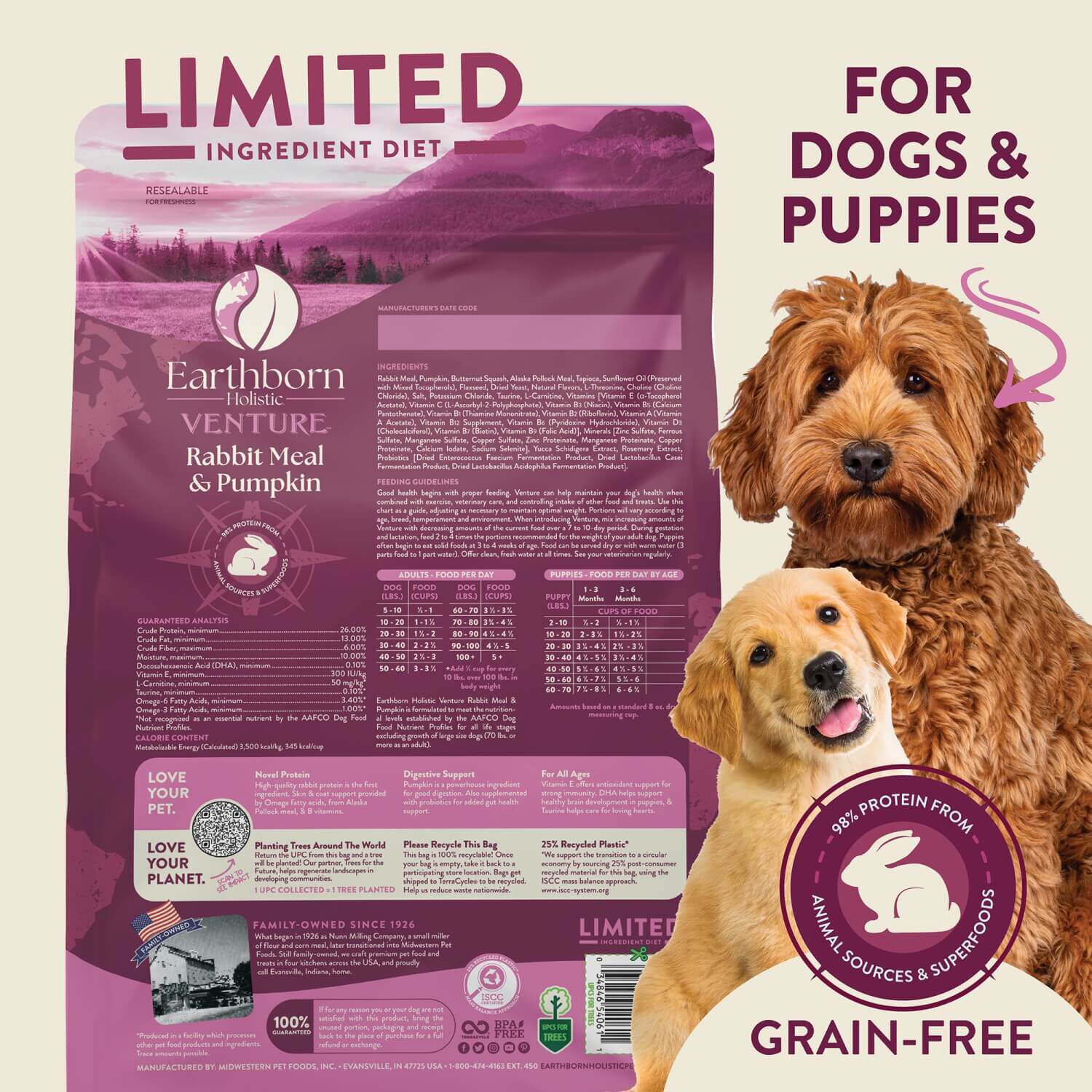 Earthborn Holistic Venture Limited Ingredient Rabbit Meal & Pumpkin Grain-Free Dry Dog Food, 25-Lb Bag