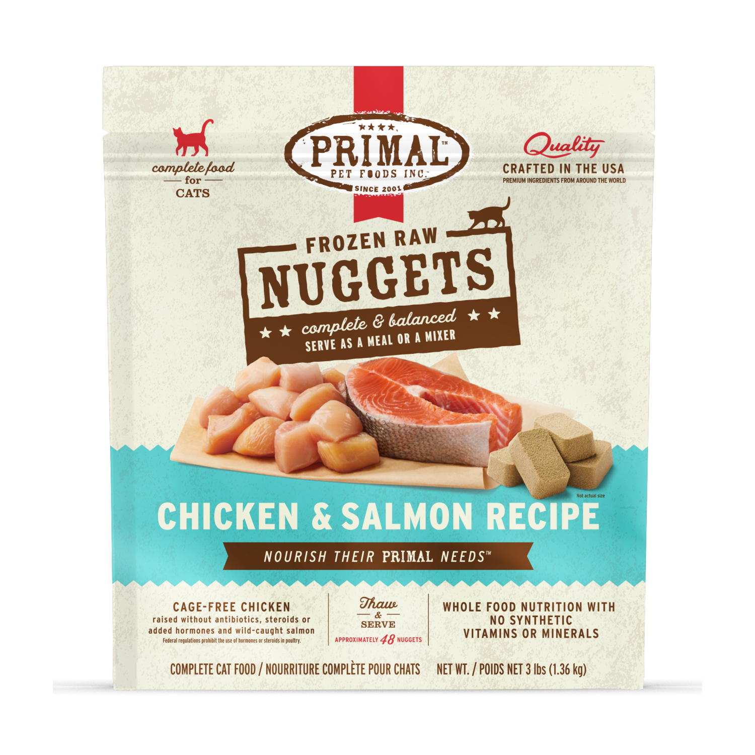 Primal Frozen Raw Chicken & Salmon Formula Nuggets Cat Food, 3-Lb Bag