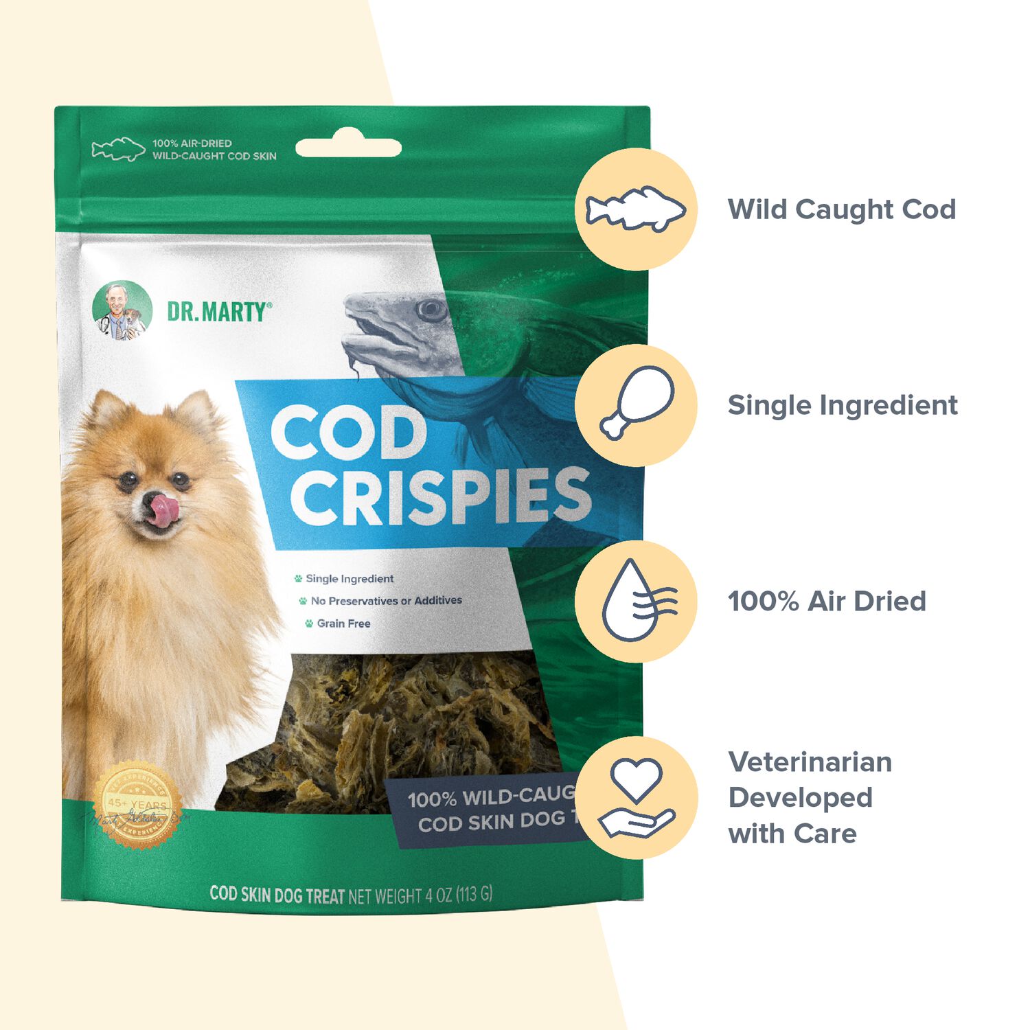 Dr. Marty Air-Dried Cod Skin Crispies Dog Treats, 4-Oz Bag