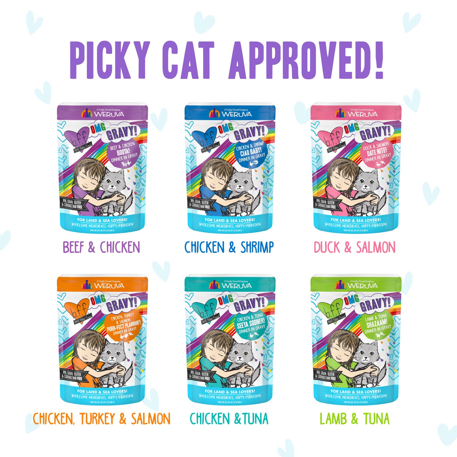 Weruva Bff Omg Gravy Wet Cat Food, Potluck O' Pouches Variety Pack, 2.8-Oz Pouch Pack Of 12